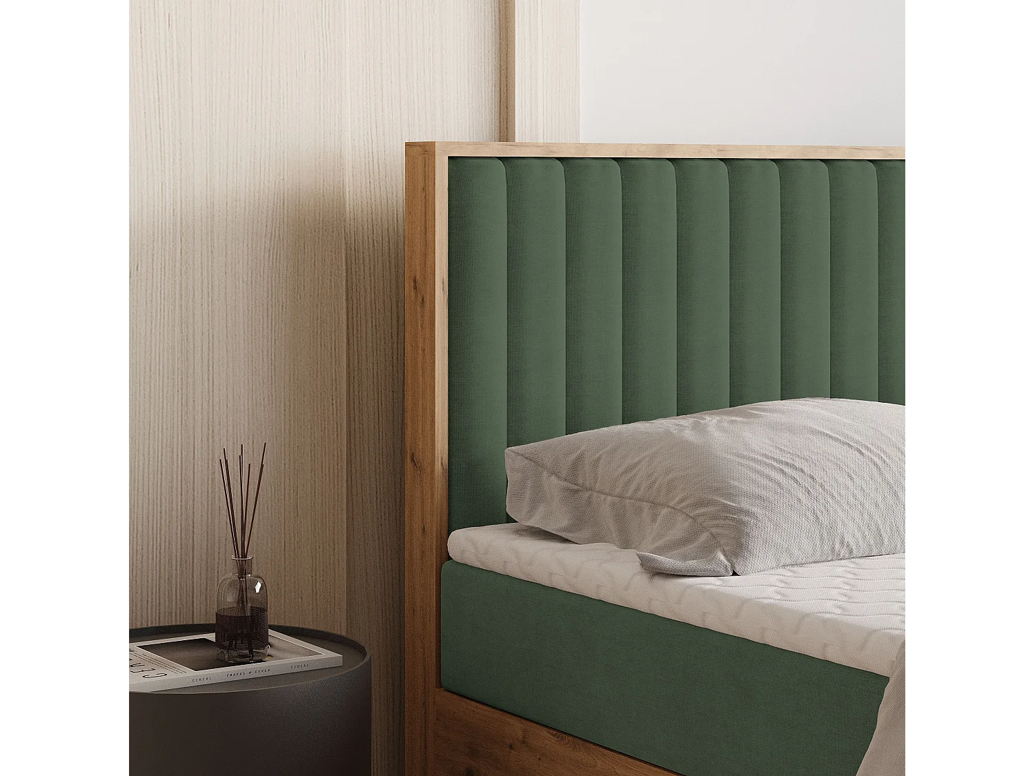 Lit continental VARELI, 160x200 cm, Tissu tressé, Vert