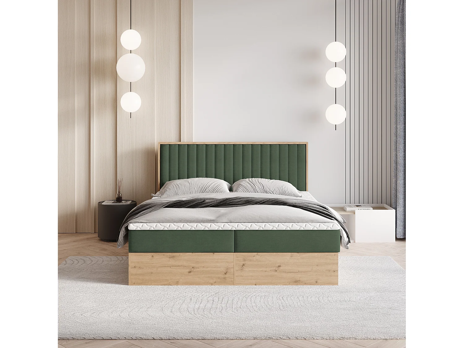 Lit continental VARELI, 160x200 cm, Tissu tressé, Vert