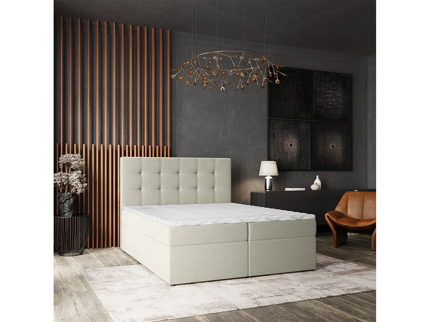 Lit continental PALMA, 140x200 cm, Tissu tressé, Couleur crème