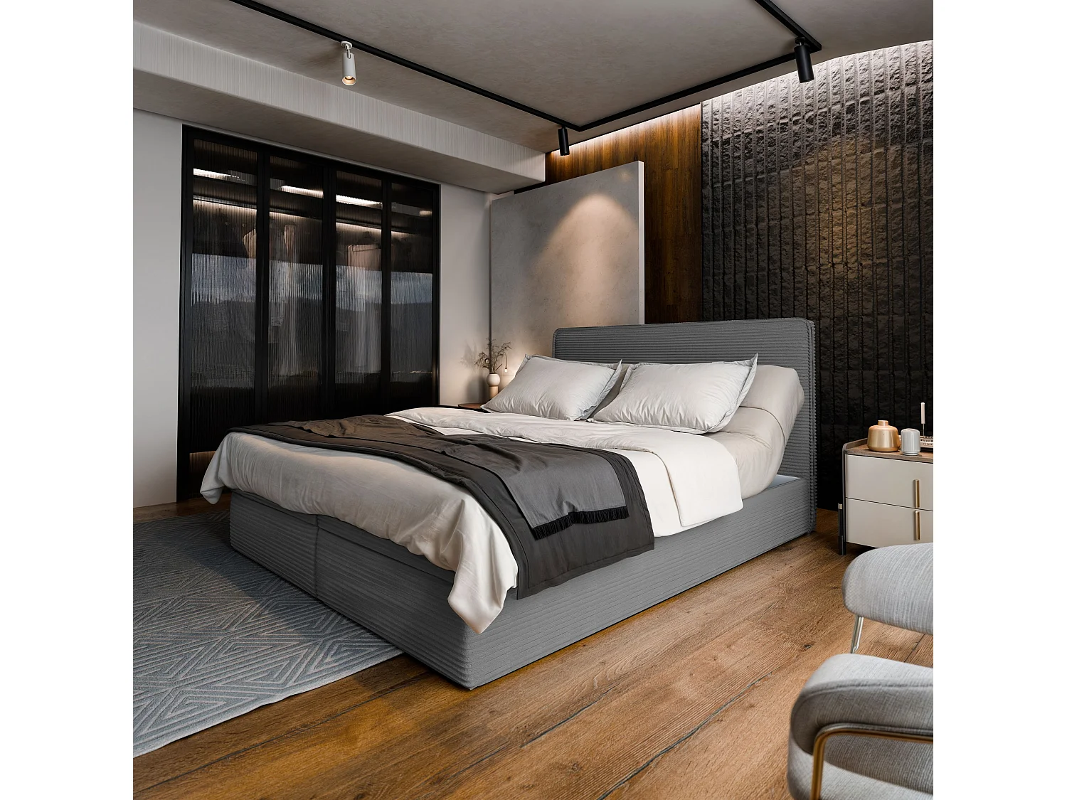 Lit continental ASTOR, 160x200 cm, Tissu en velours côtelé, Gris
