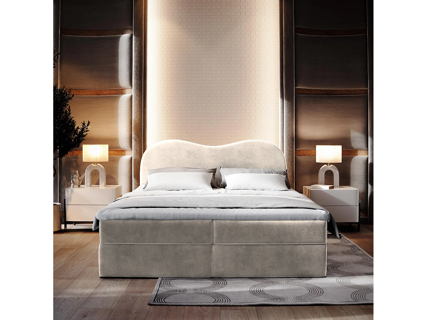 Boxspringbed FLUVIA 140x200 cm Set met hoofdbord, bedbodem en matras, Crème