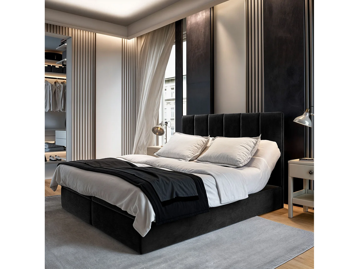 Lit continental BARINO, 160x200 cm, Tissu pelucheux, Noir