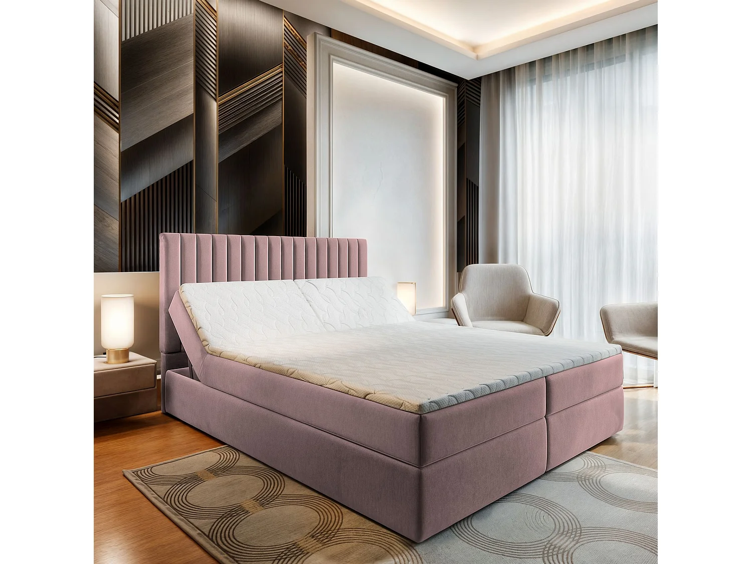 Boxspringbed MURLO 140x200 cm Set met hoofdbord, bedbodem en matras, Poederroze