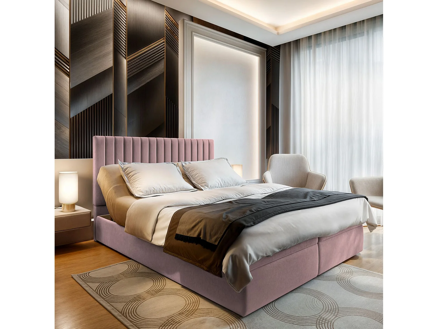 Boxspringbed MURLO 140x200 cm Set met hoofdbord, bedbodem en matras, Poederroze