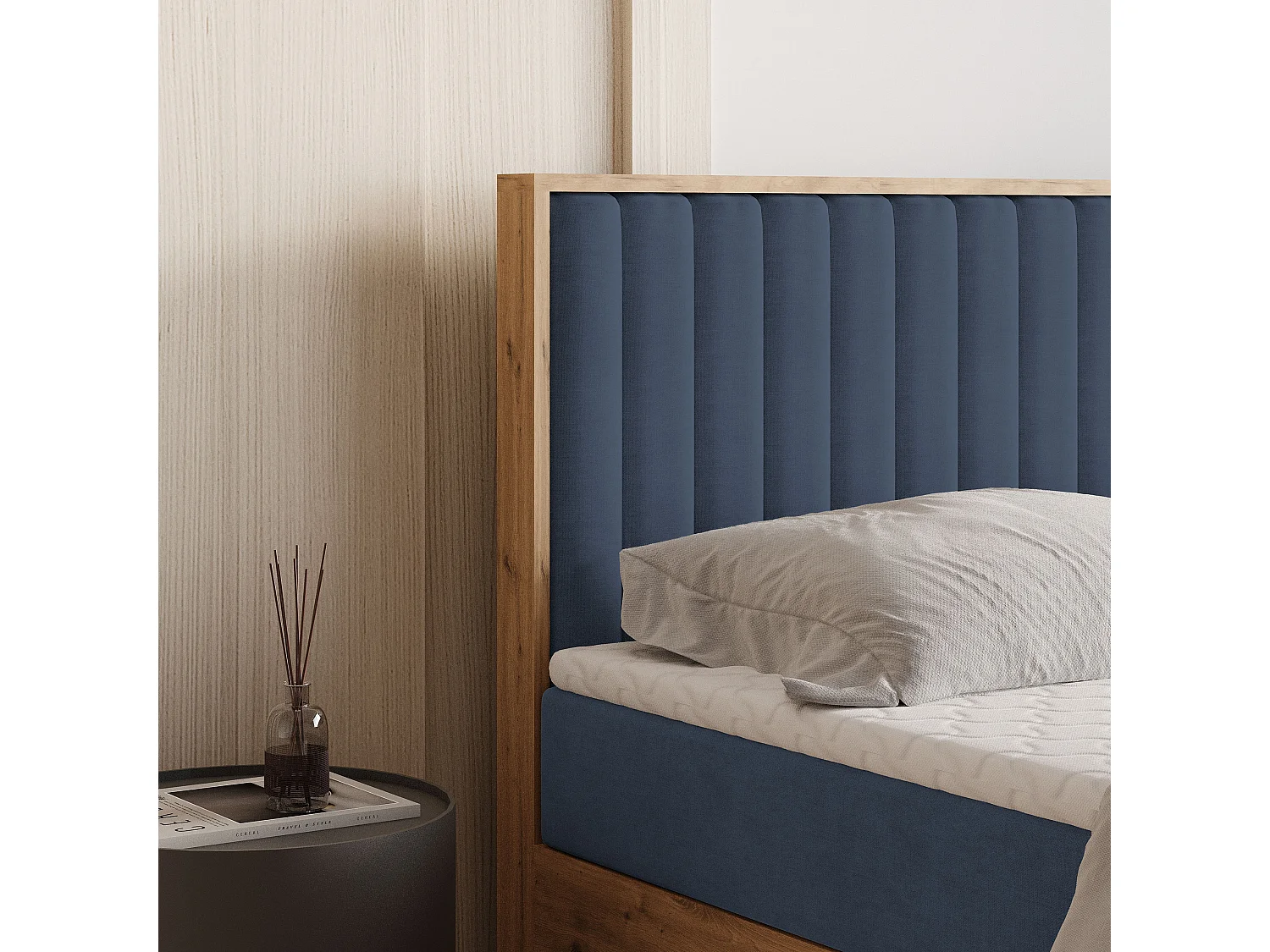 Lit continental VARELI, 160x200 cm, Tissu tressé, Bleu