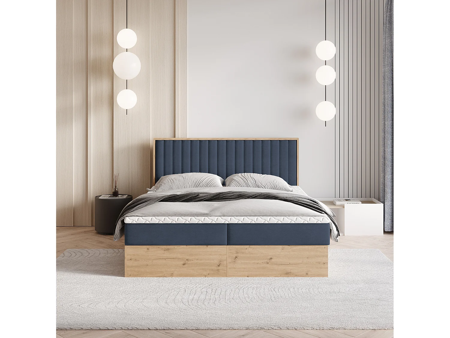 Lit continental VARELI, 160x200 cm, Tissu tressé, Bleu