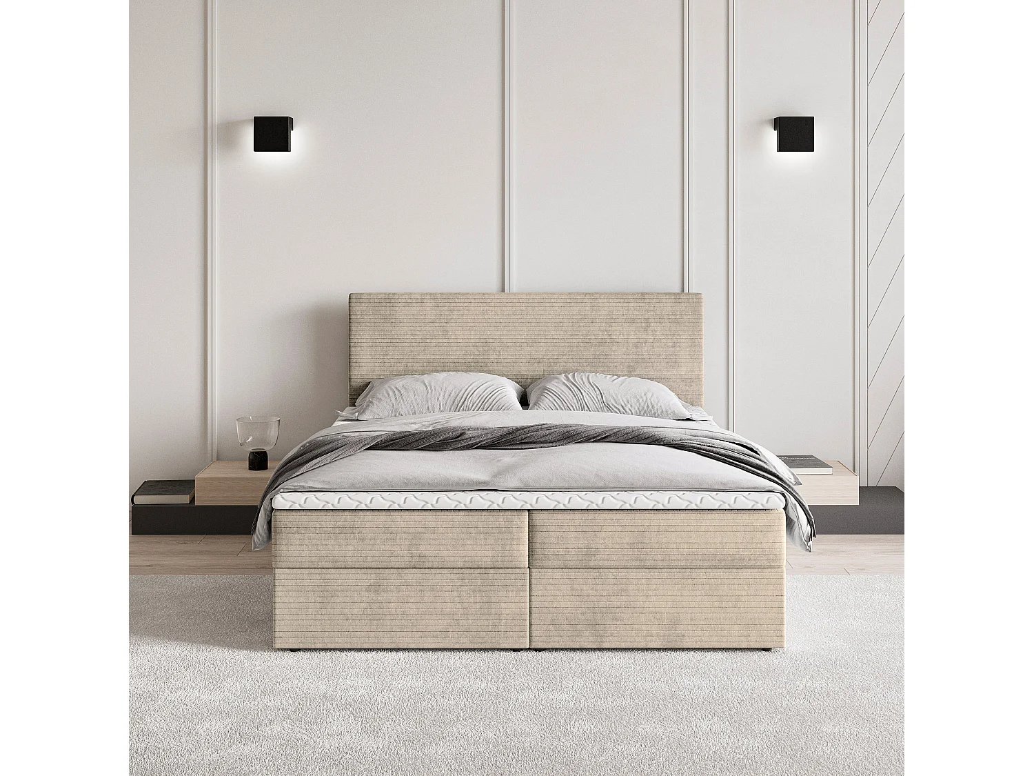 Lit continental NIRA, 180x200 cm, Tissu pelucheux, Couleur crème