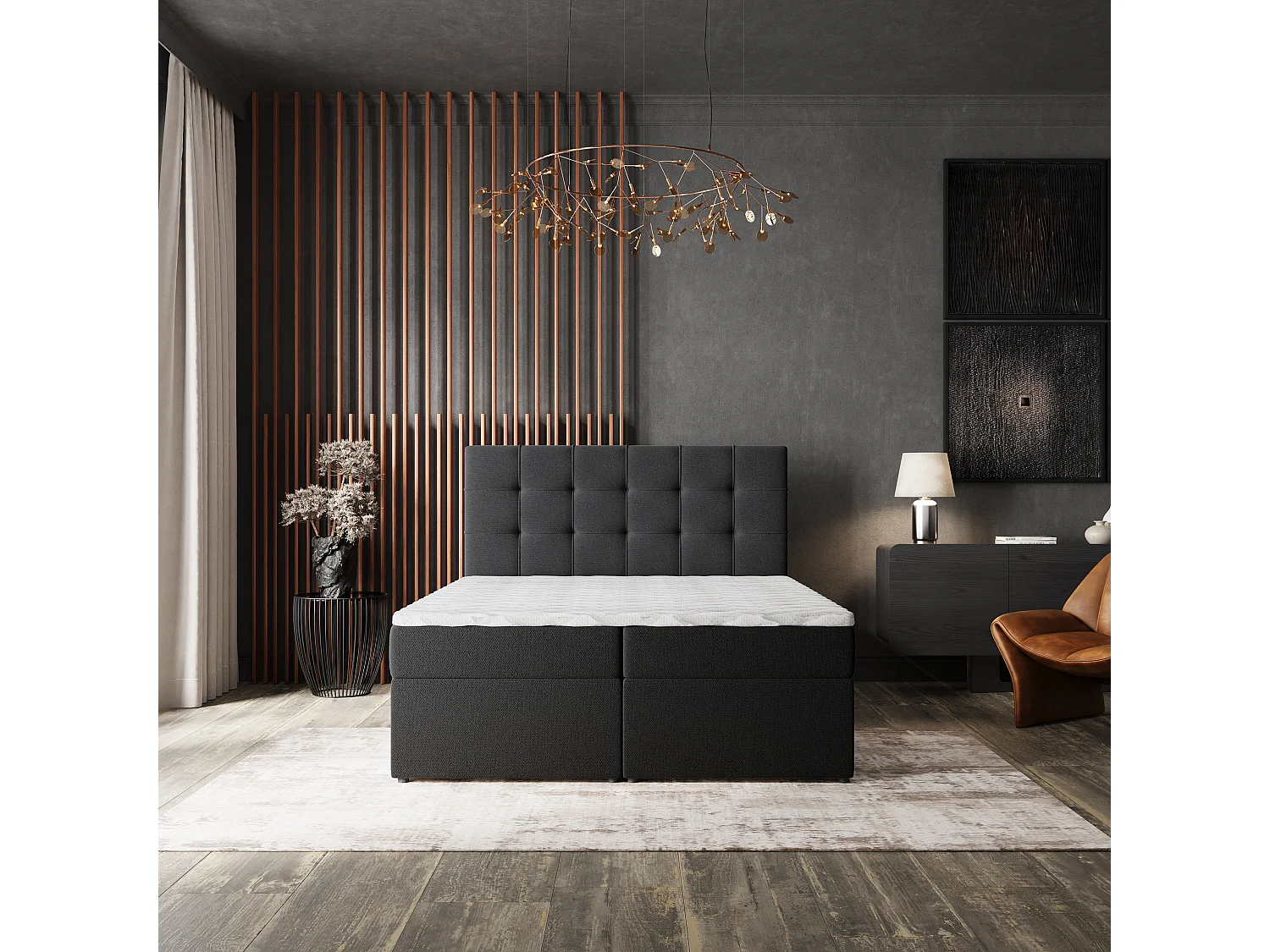 Lit continental PALMA, 140x200 cm, Tissu tressé, Noir