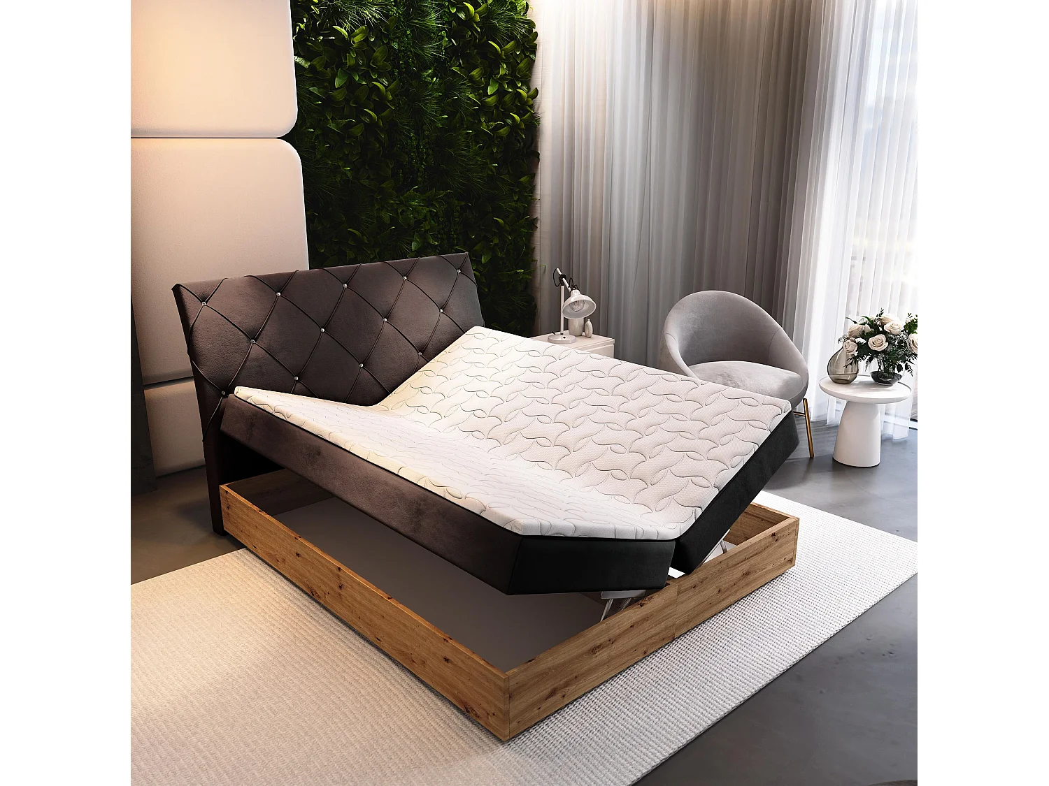 Lit continental VELLANO, 160x200 cm, Tissu pelucheux, Marron