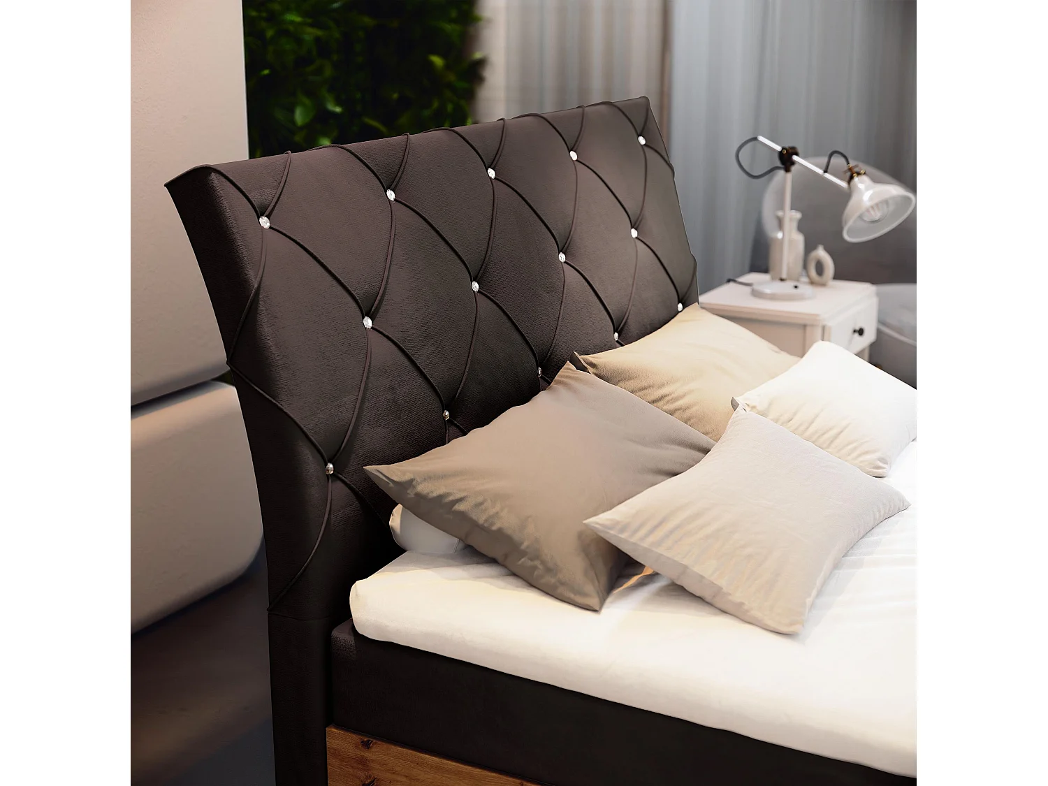 Lit continental VELLANO, 160x200 cm, Tissu pelucheux, Marron