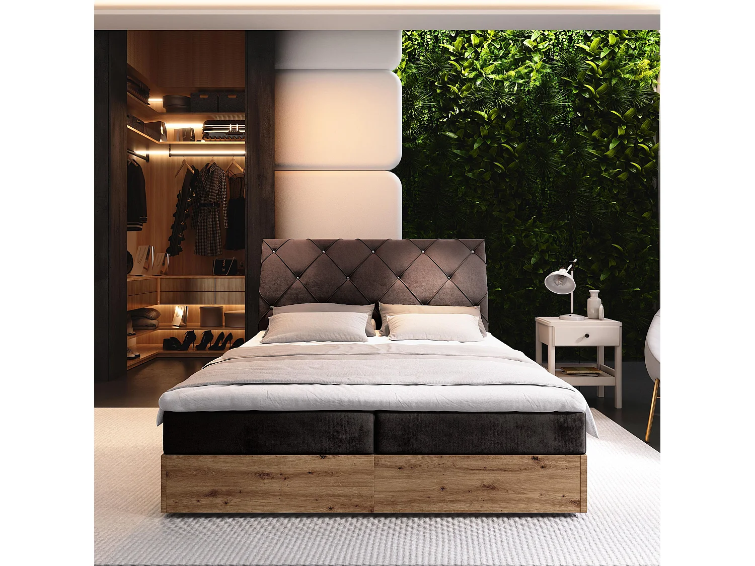 Lit continental VELLANO, 160x200 cm, Tissu pelucheux, Marron