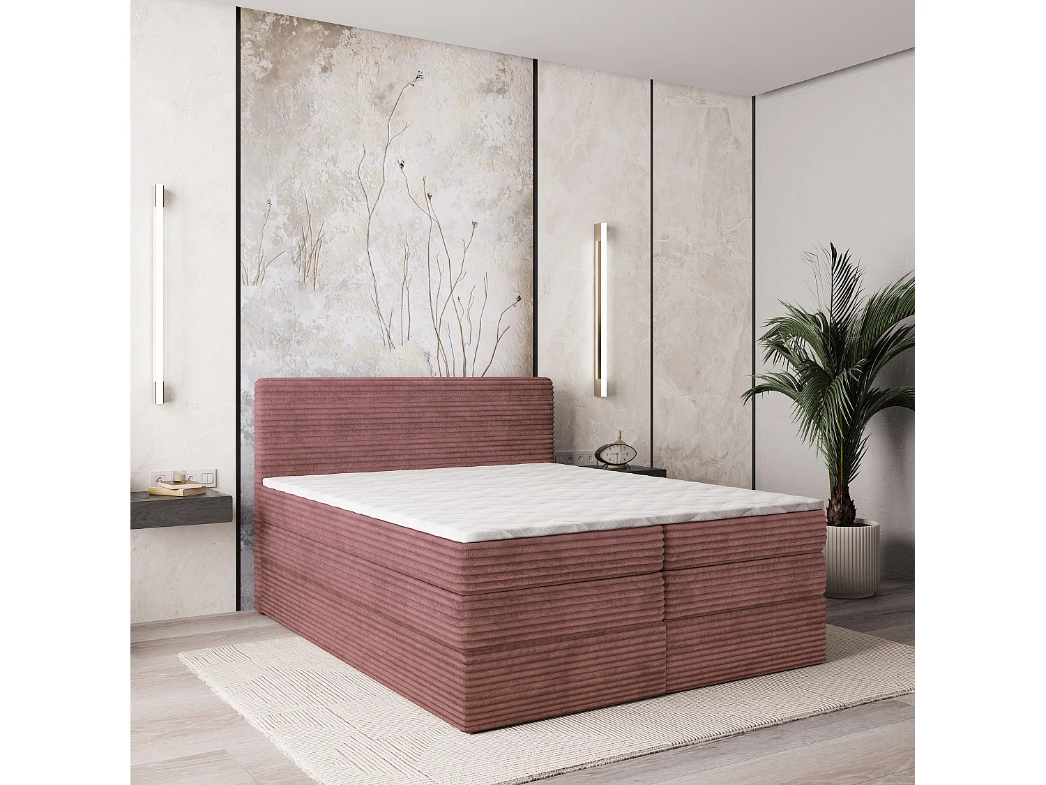 Boxspringbed LUNERA 140x200 cm Set met hoofdbord, bedbodem en matras, Poederroze