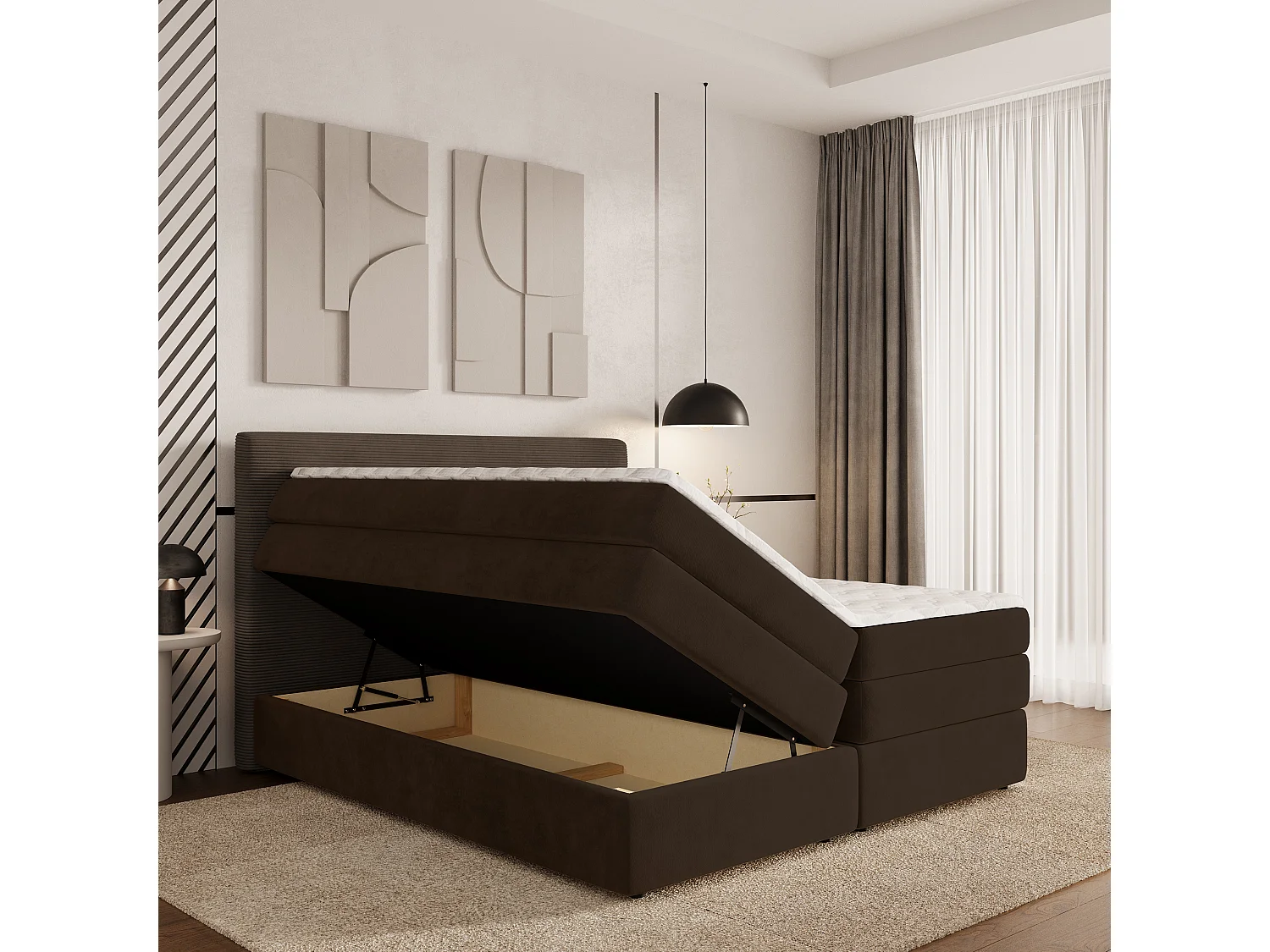 Lit continental MATERN, 160x200 cm, Tissu pelucheux, Marron