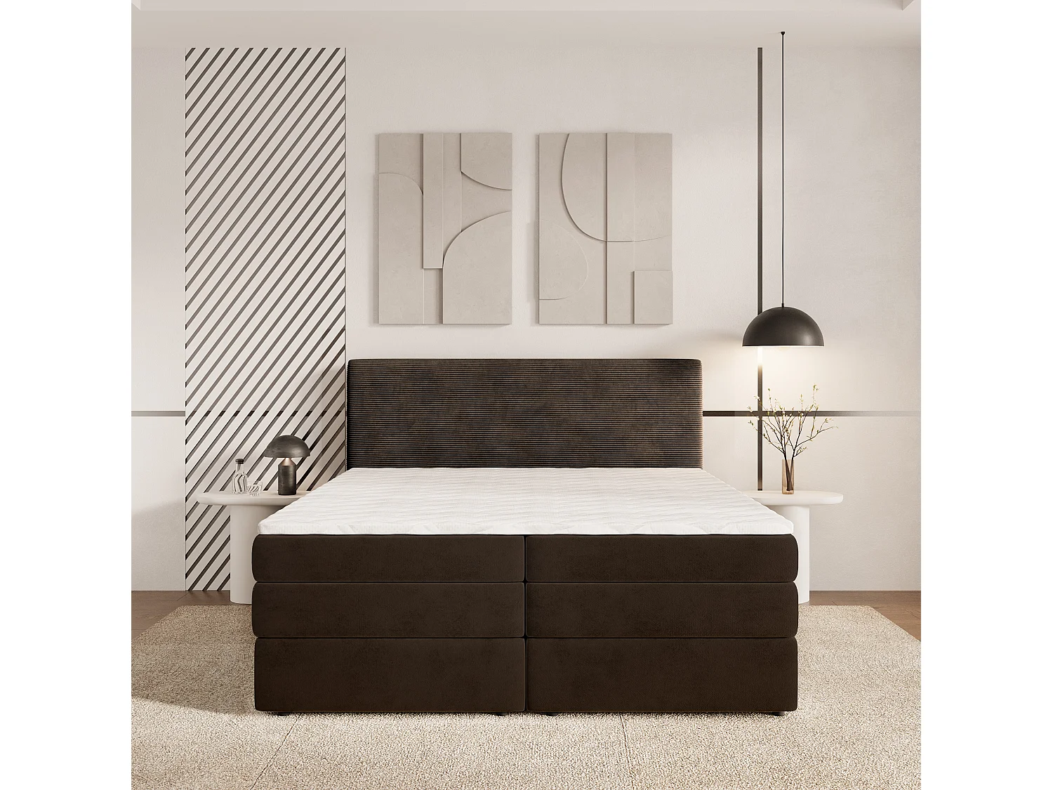 Lit continental MATERN, 160x200 cm, Tissu pelucheux, Marron