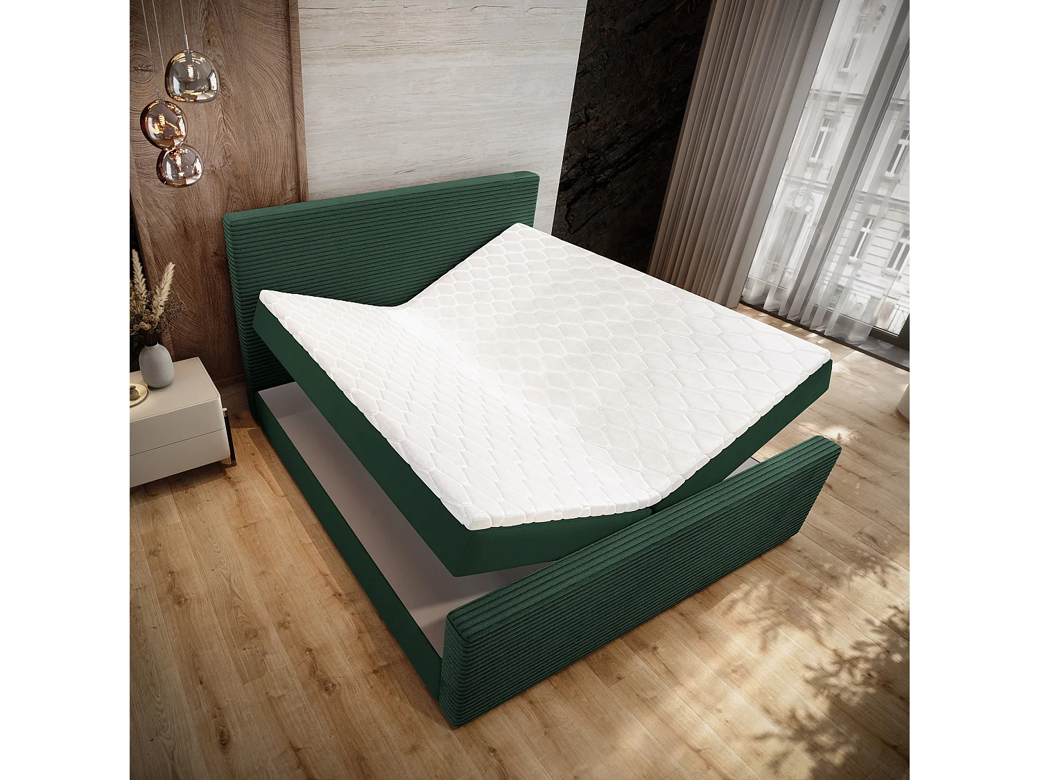 Lit continental ALORIA, 180x200 cm, Tissu pelucheux, Vert