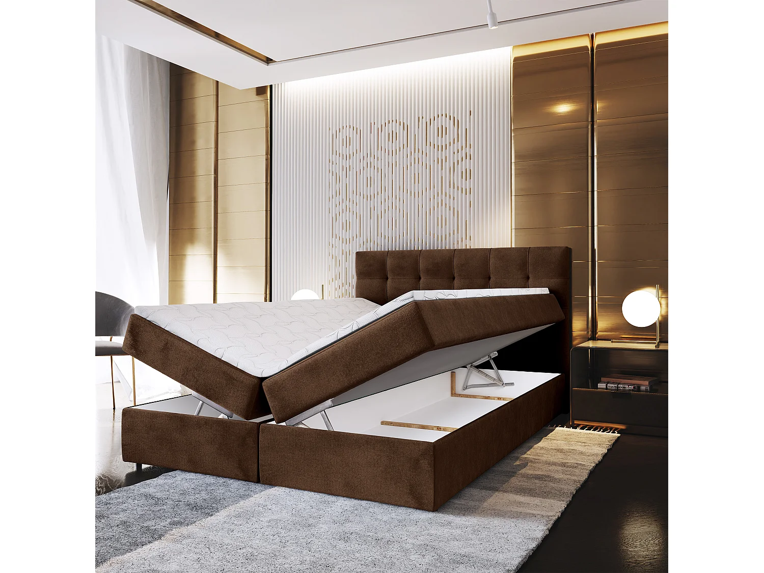 Lit continental GLOS, 140x200 cm, Tissu pelucheux, Marron