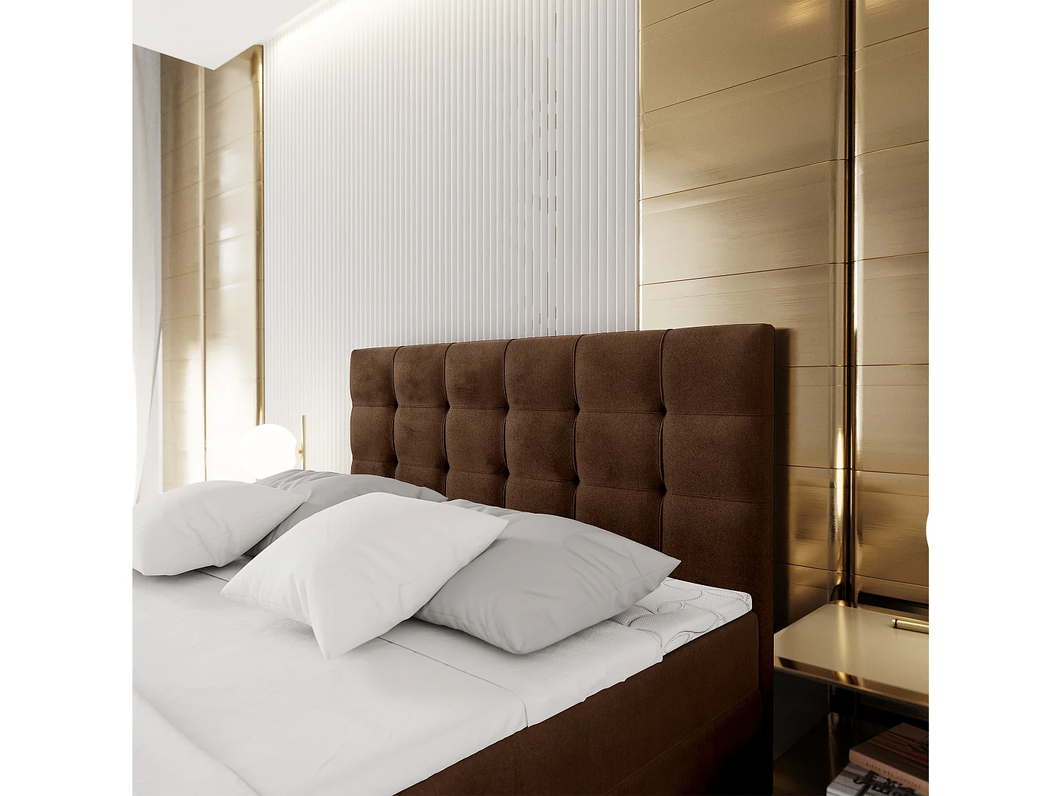 Lit continental GLOS, 140x200 cm, Tissu pelucheux, Marron