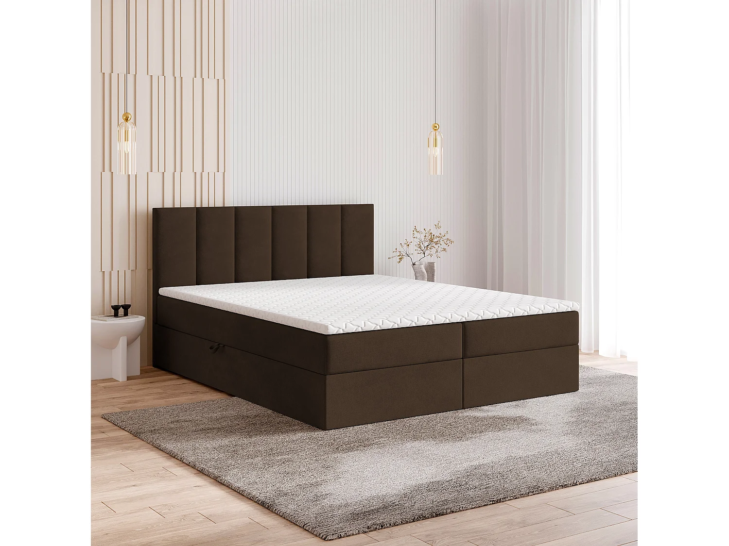 Lit continental MERIL, 140x200 cm, Tissu pelucheux, Marron