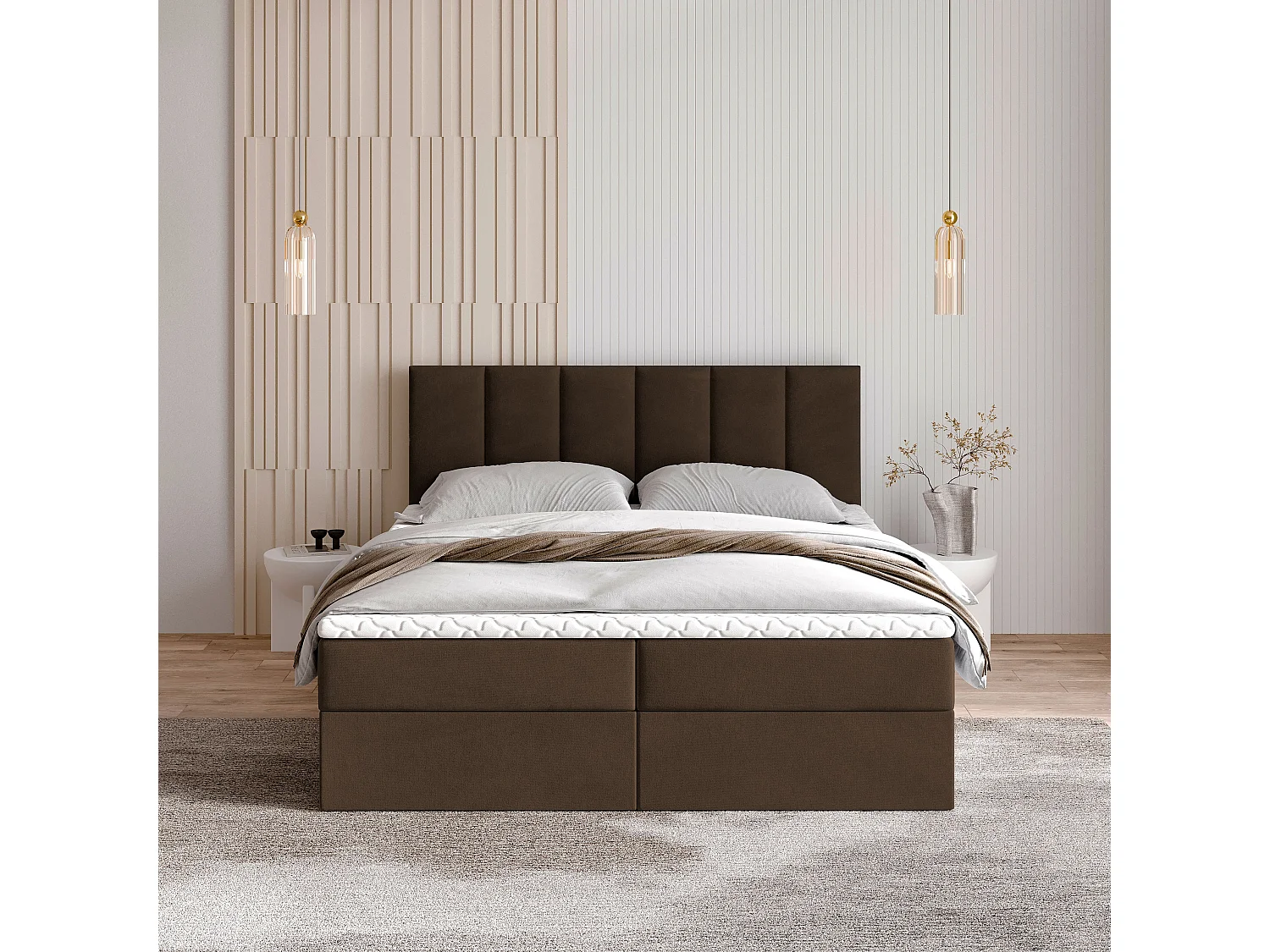 Lit continental MERIL, 140x200 cm, Tissu pelucheux, Marron