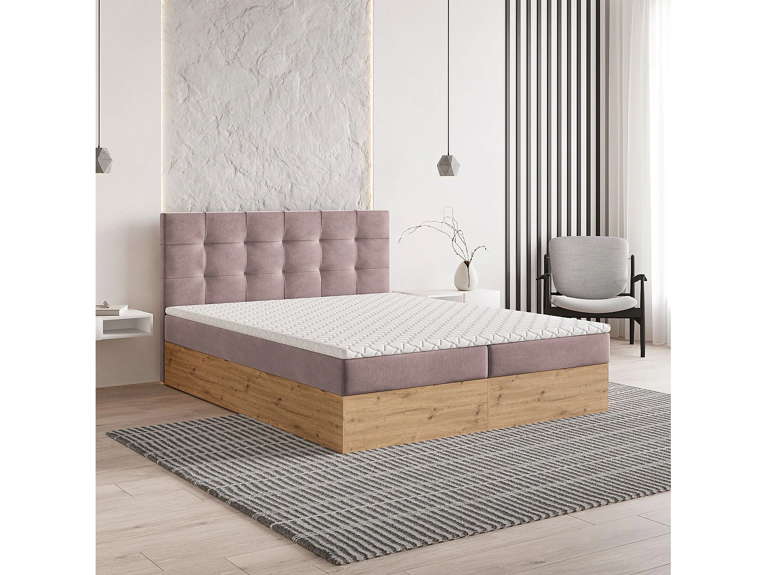 Lit continental MOLVEN, 160x200 cm, Tissu tressé, Rose