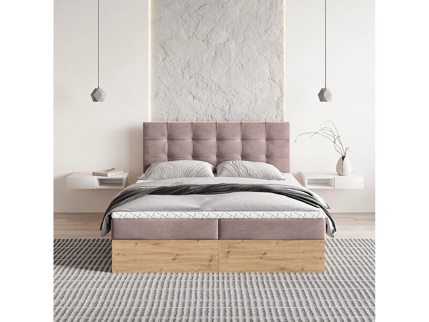Lit continental MOLVEN, 160x200 cm, Tissu tressé, Rose