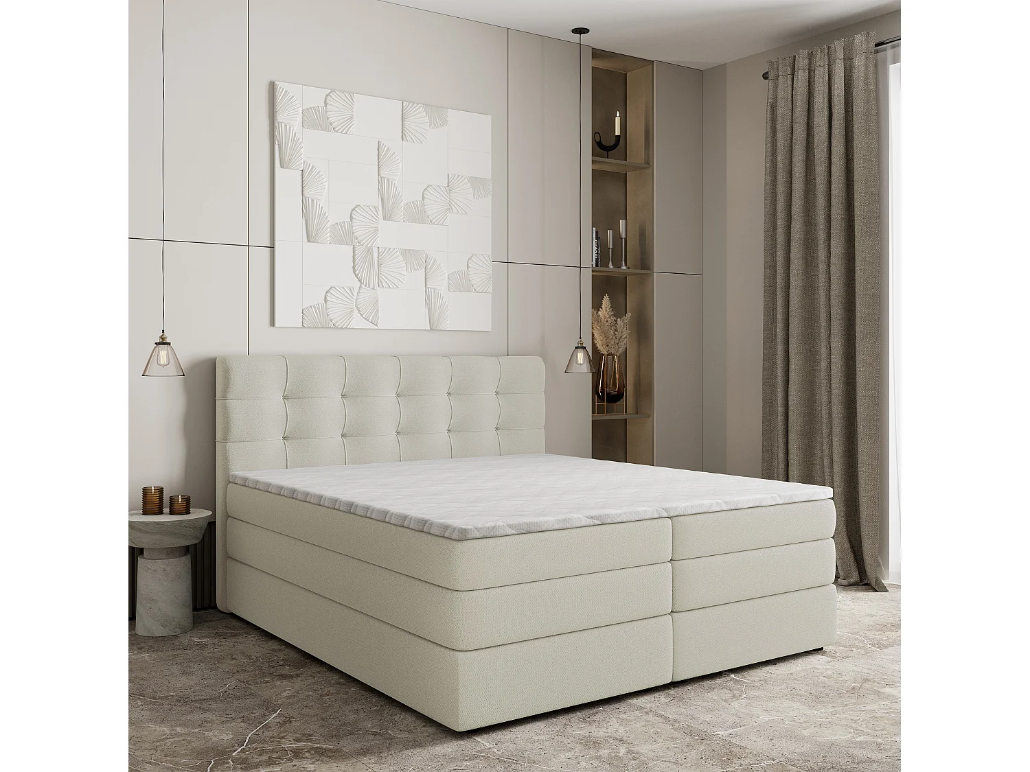 Lit continental AREZI, 140x200 cm, Tissu tressé, Couleur crème