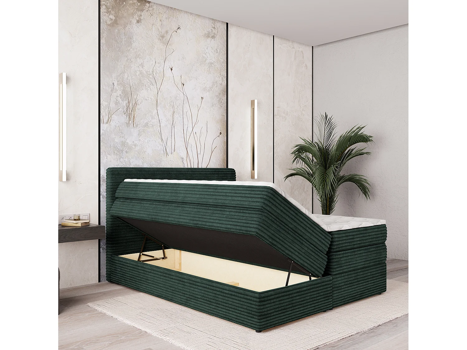 Boxspringbed LUNERA 180x200 cm Set met hoofdbord, bedbodem en matras, Dennengroen