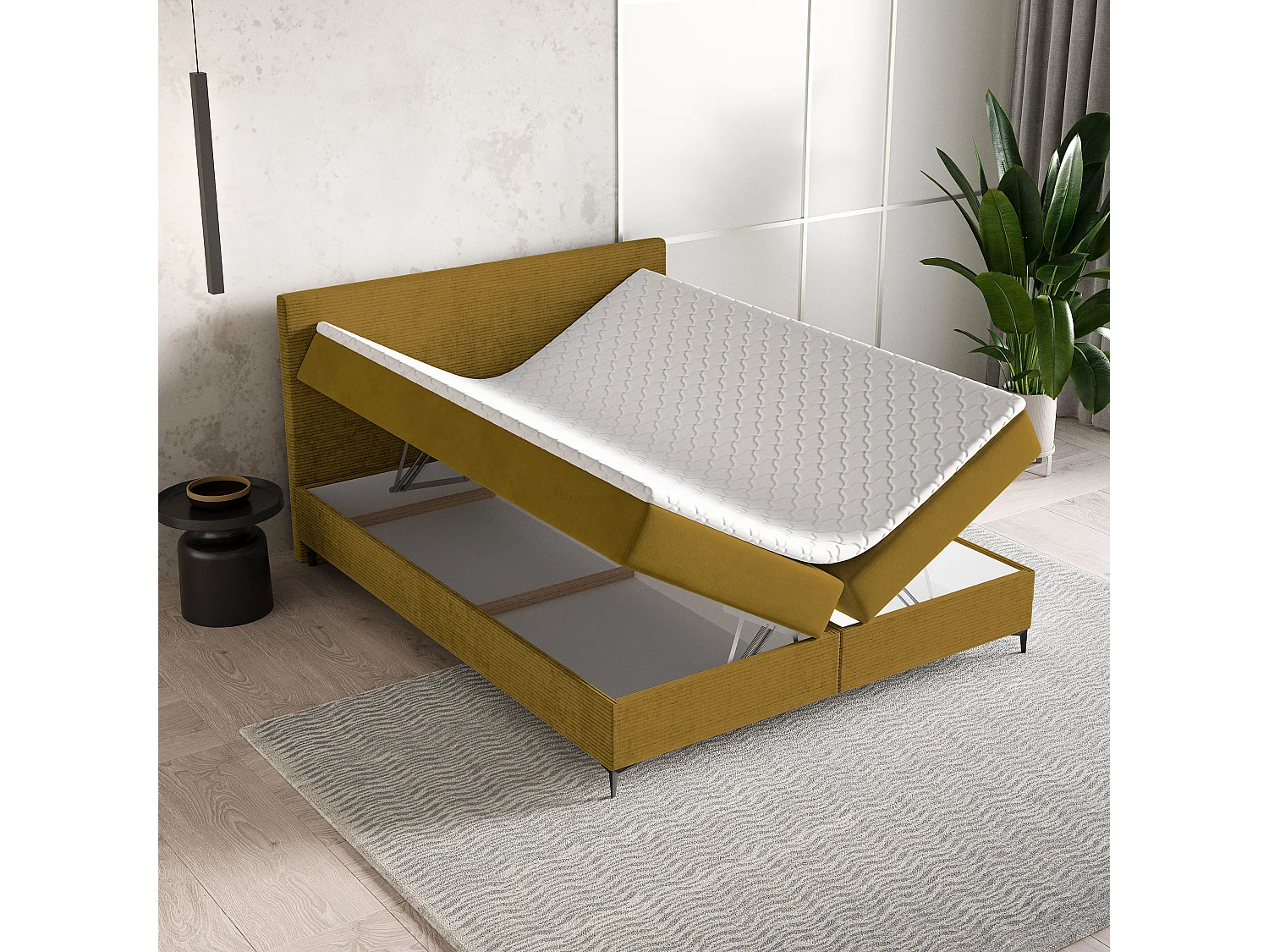 Lit continental TORREL, 160x200 cm, Tissu pelucheux, Jaune
