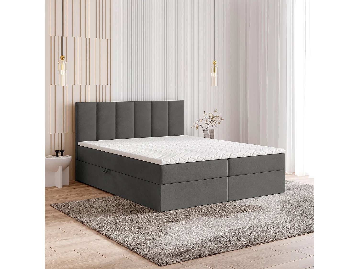 Lit continental MERIL, 160x200 cm, Tissu pelucheux, Gris