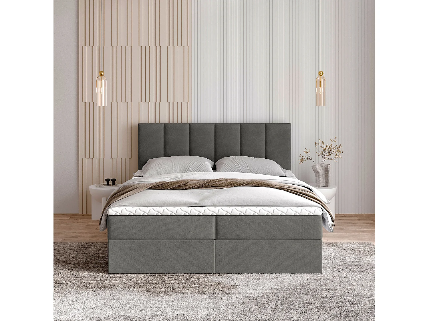 Lit continental MERIL, 160x200 cm, Tissu pelucheux, Gris