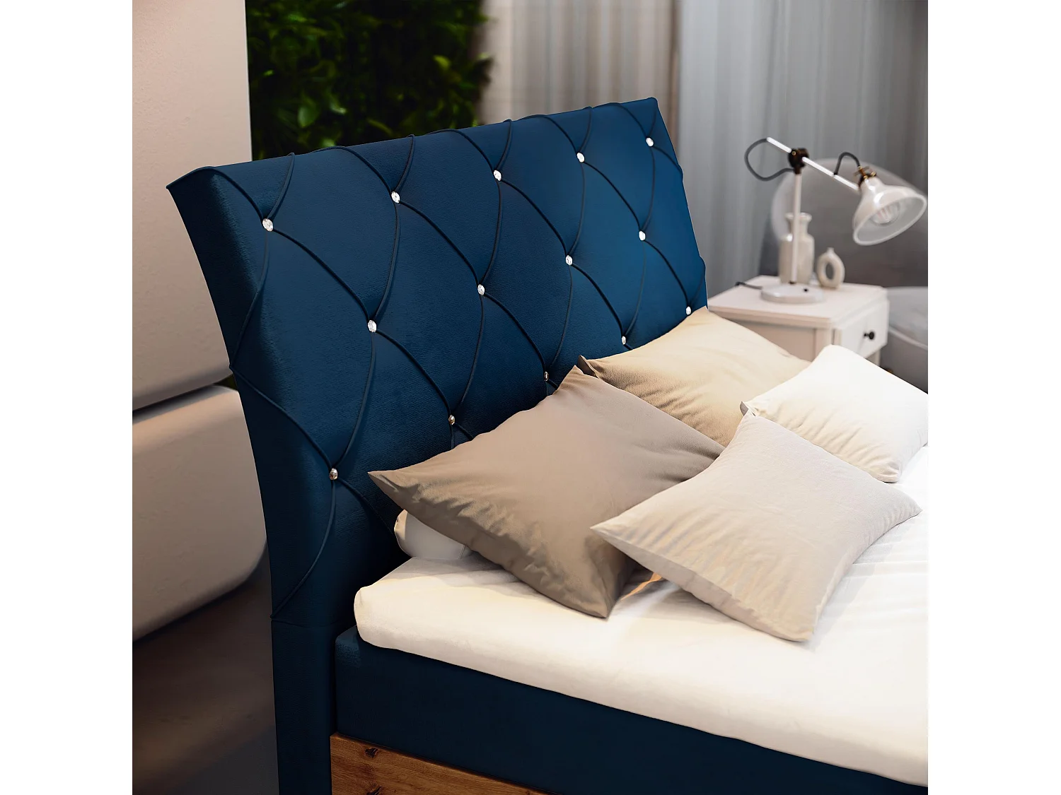 Lit continental VELLANO, 160x200 cm, Tissu pelucheux, Bleu
