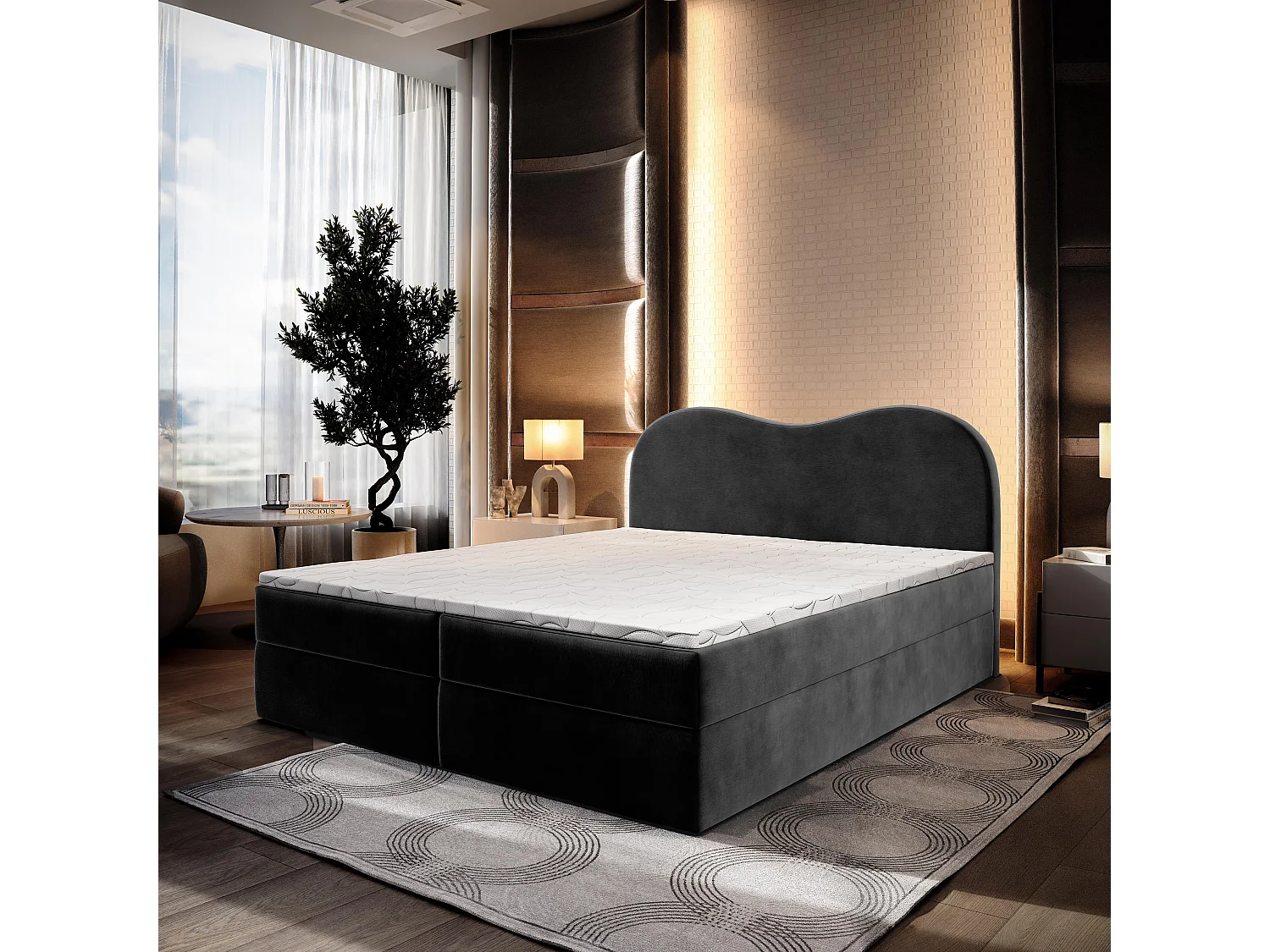 Lit continental FLUVIA, 180x200 cm, Tissu velours, Noir