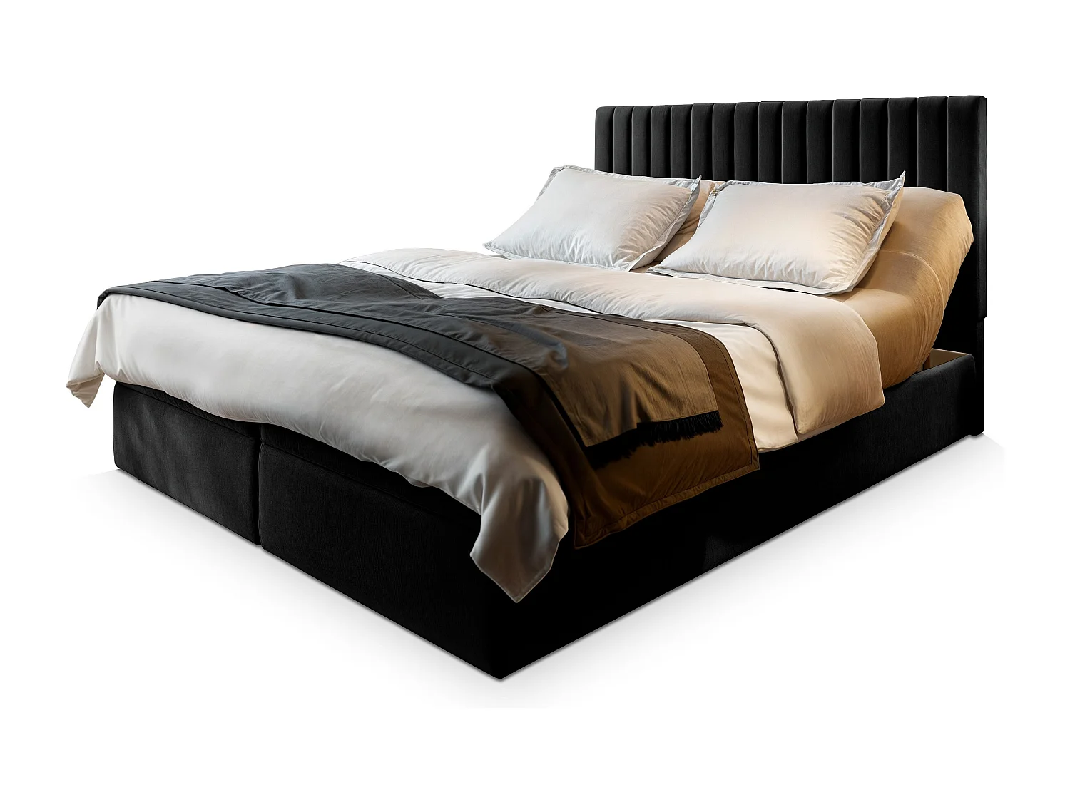 Lit continental MURLO, 180x200 cm, Tissu pelucheux, Noir