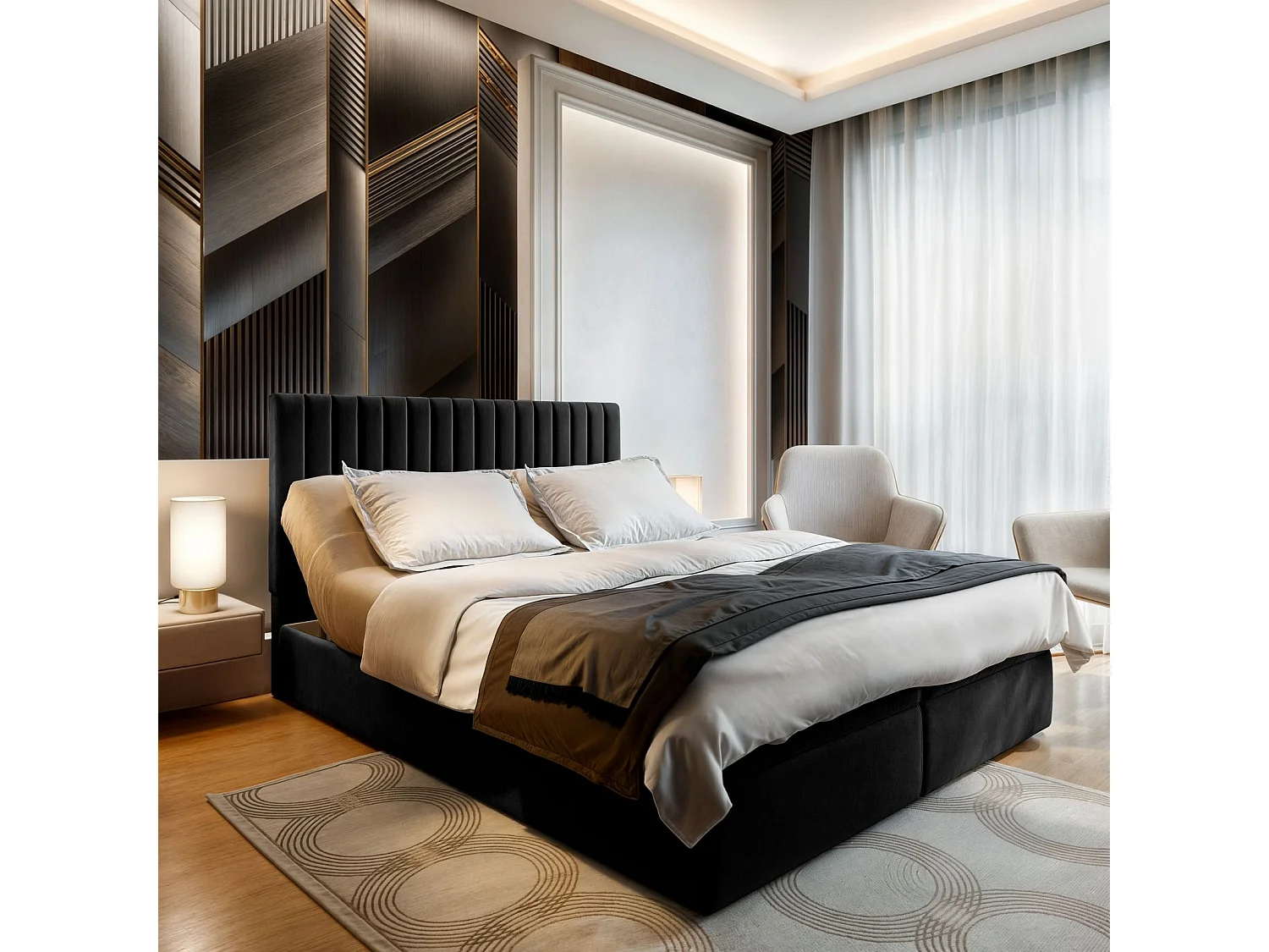 Lit continental MURLO, 180x200 cm, Tissu pelucheux, Noir