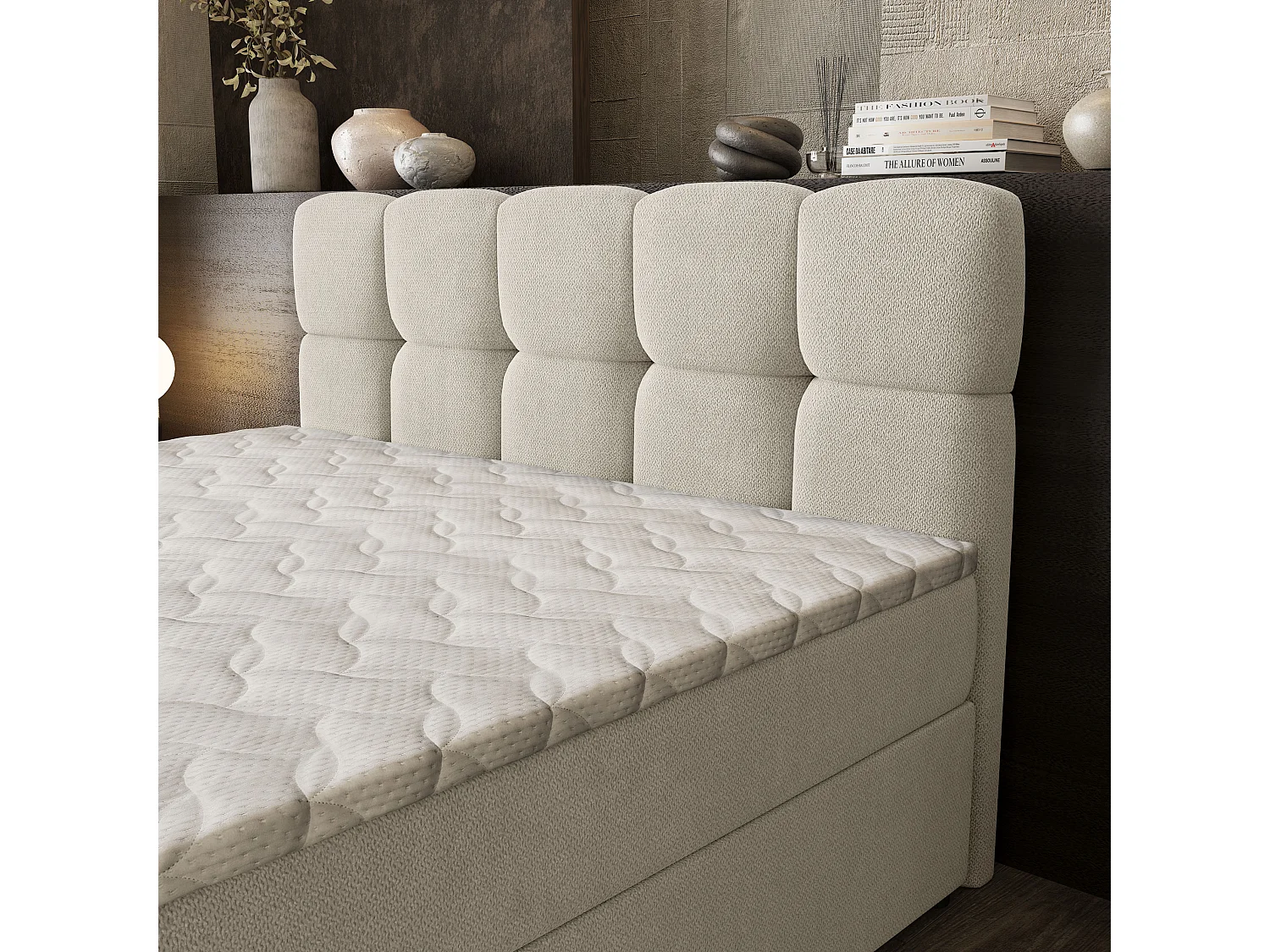 Boxspringbed BRUME 140x200 cm Set met hoofdbord, bedbodem en matras, Crème
