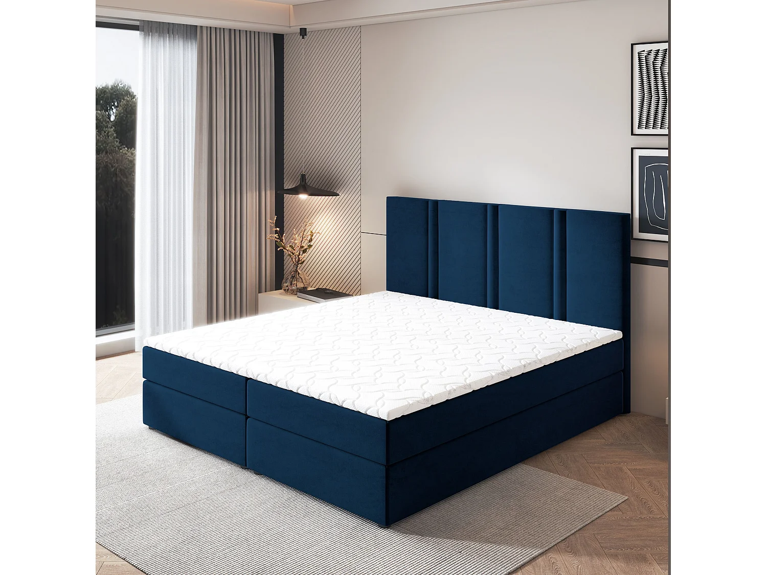 Lit continental LARIO, 140x200 cm, Tissu pelucheux, Bleu