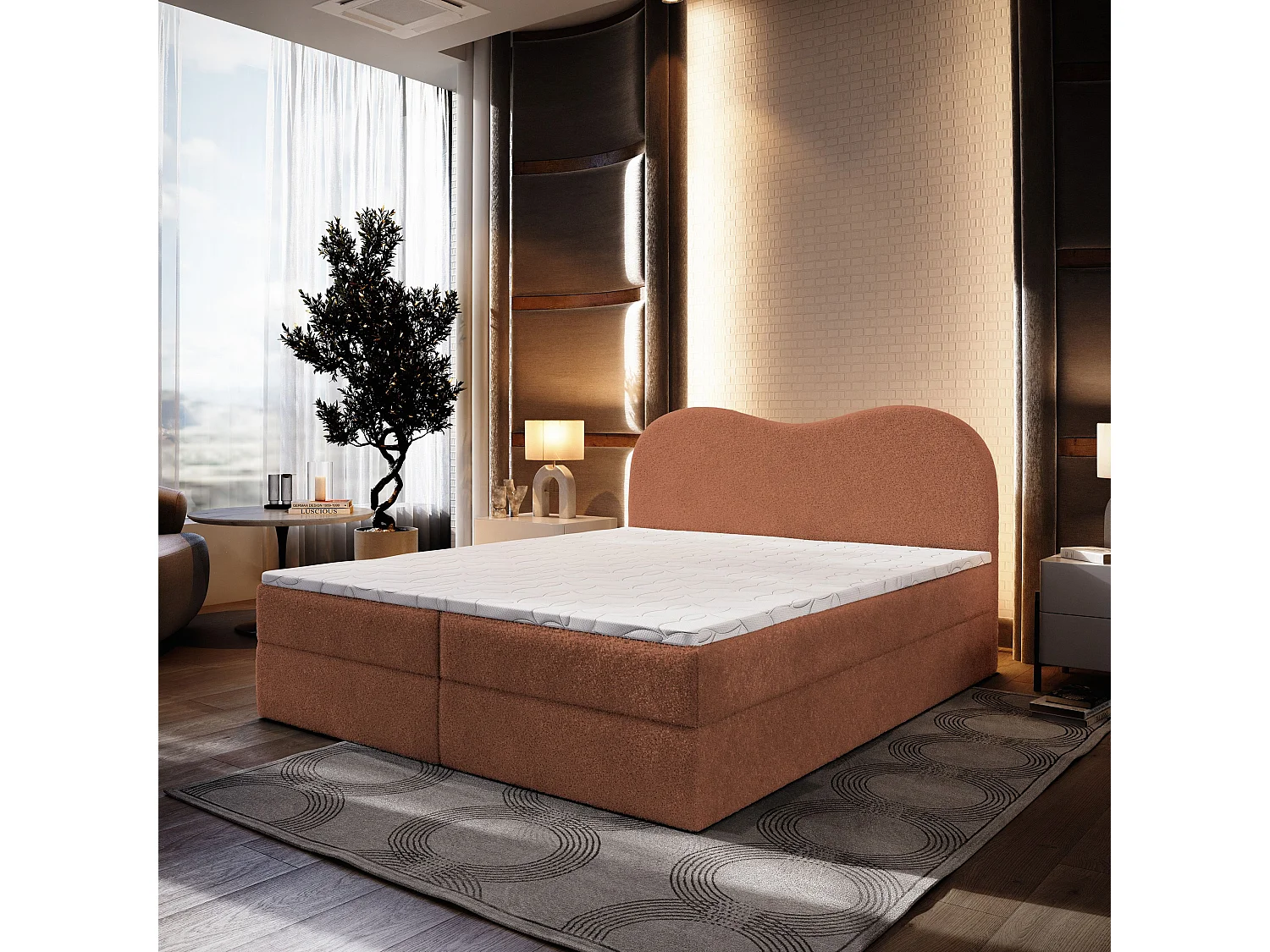 Lit continental FLUVIA, 160x200 cm, Tissu bouclé, Terracotta