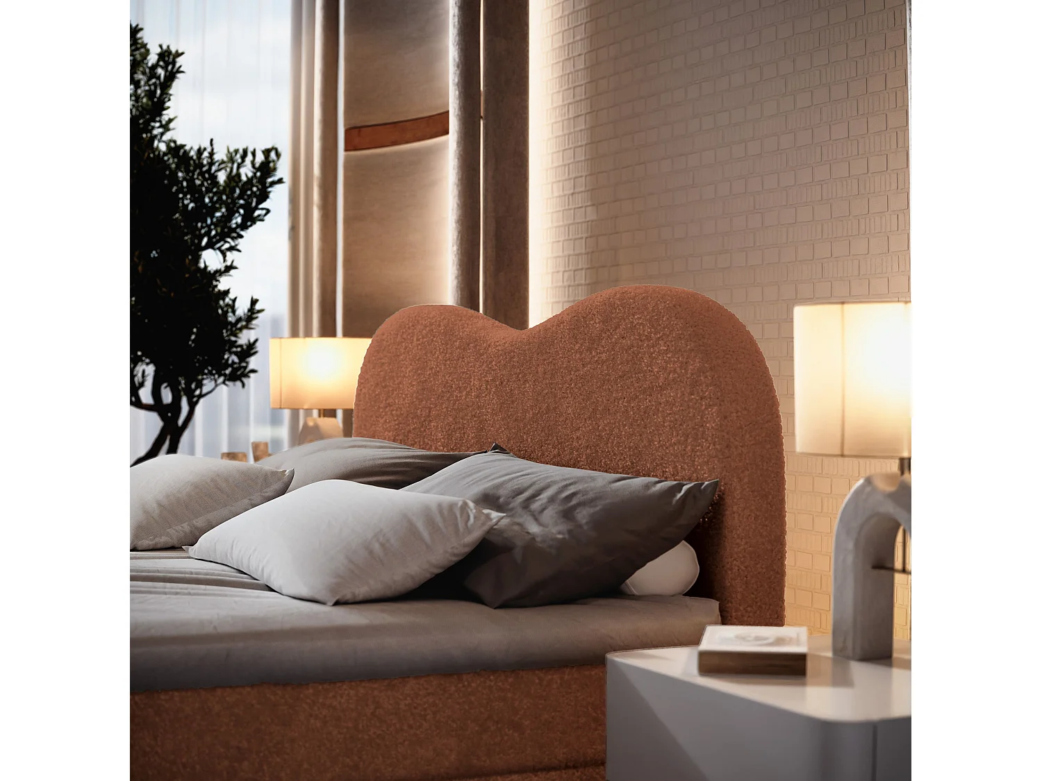Lit continental FLUVIA, 160x200 cm, Tissu bouclé, Terracotta