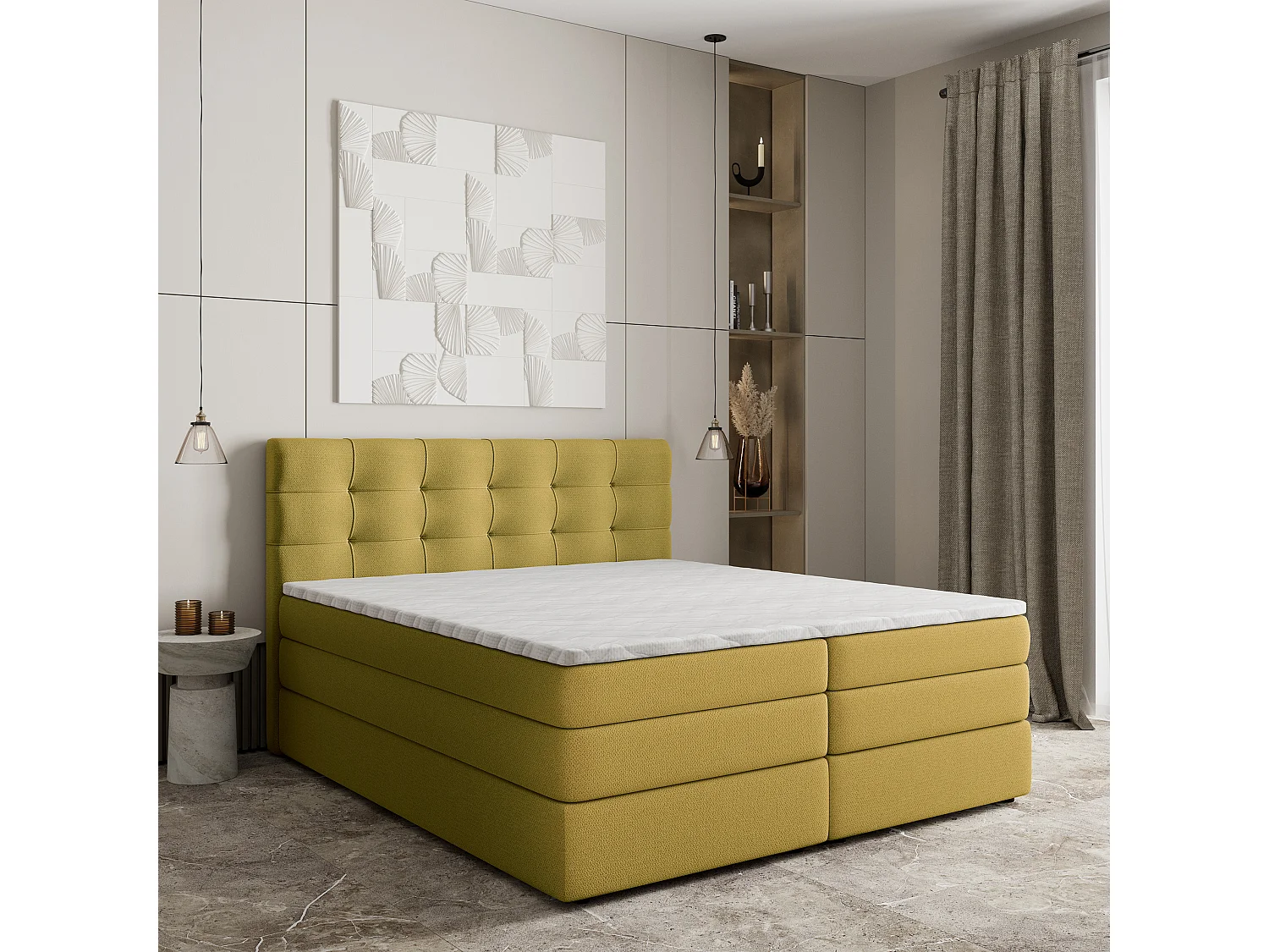 Lit continental AREZI, 140x200 cm, Tissu tressé, Jaune