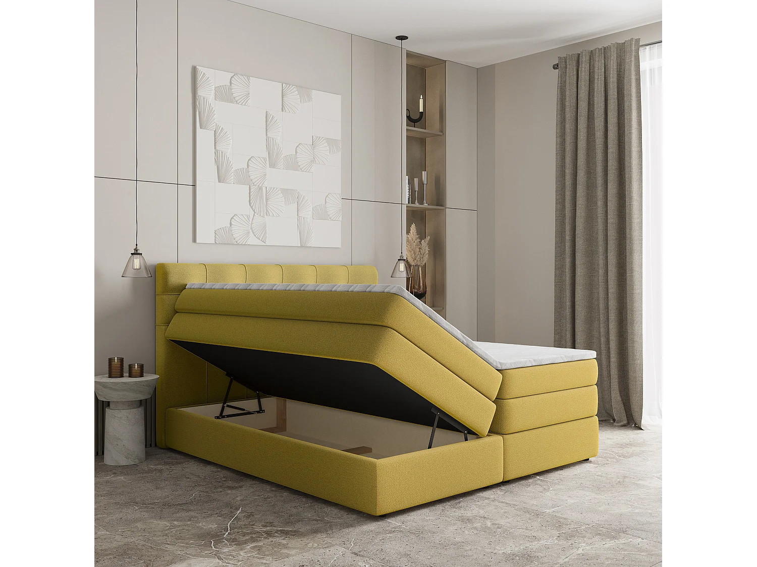 Lit continental AREZI, 140x200 cm, Tissu tressé, Jaune