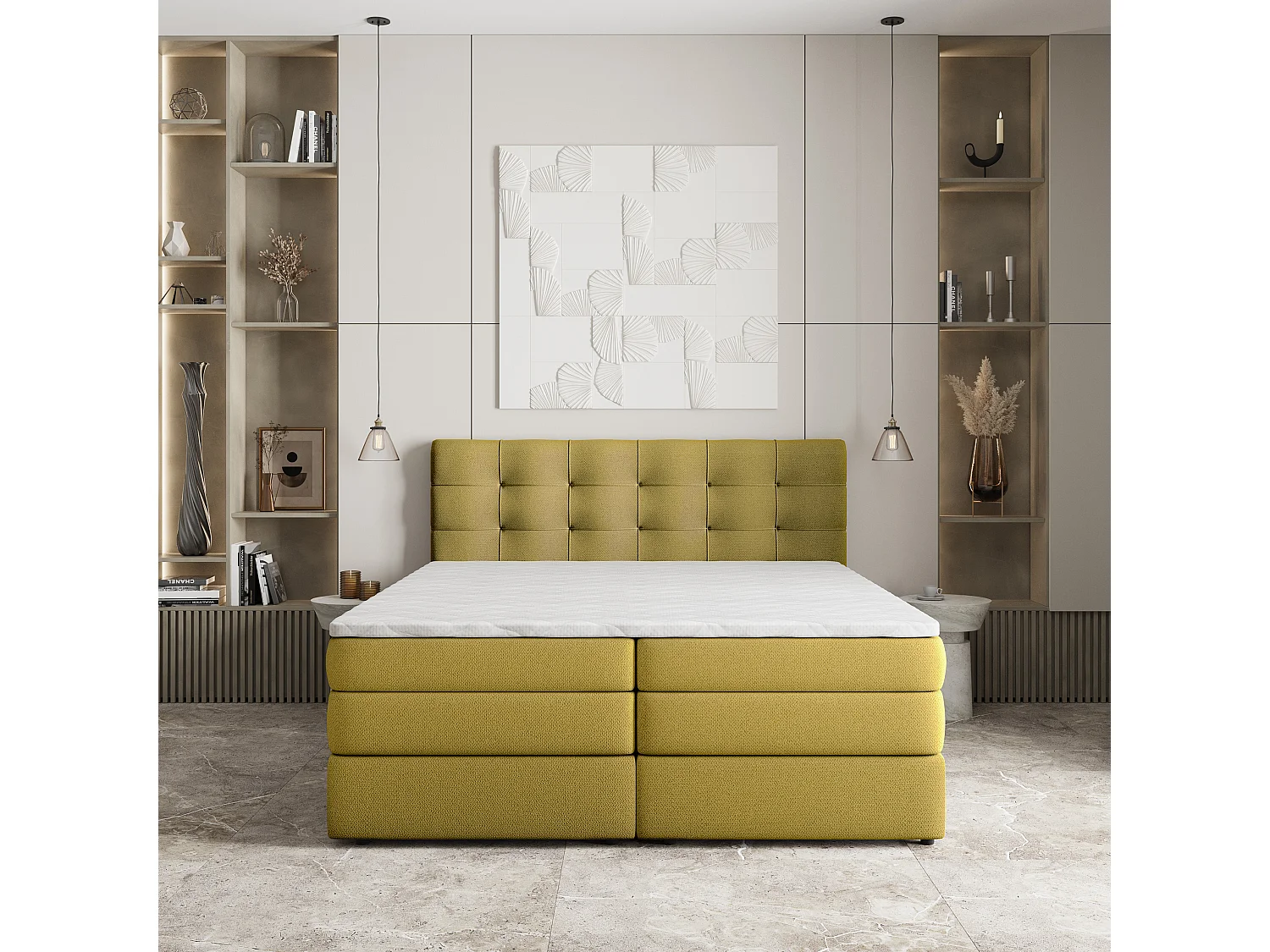 Lit continental AREZI, 140x200 cm, Tissu tressé, Jaune
