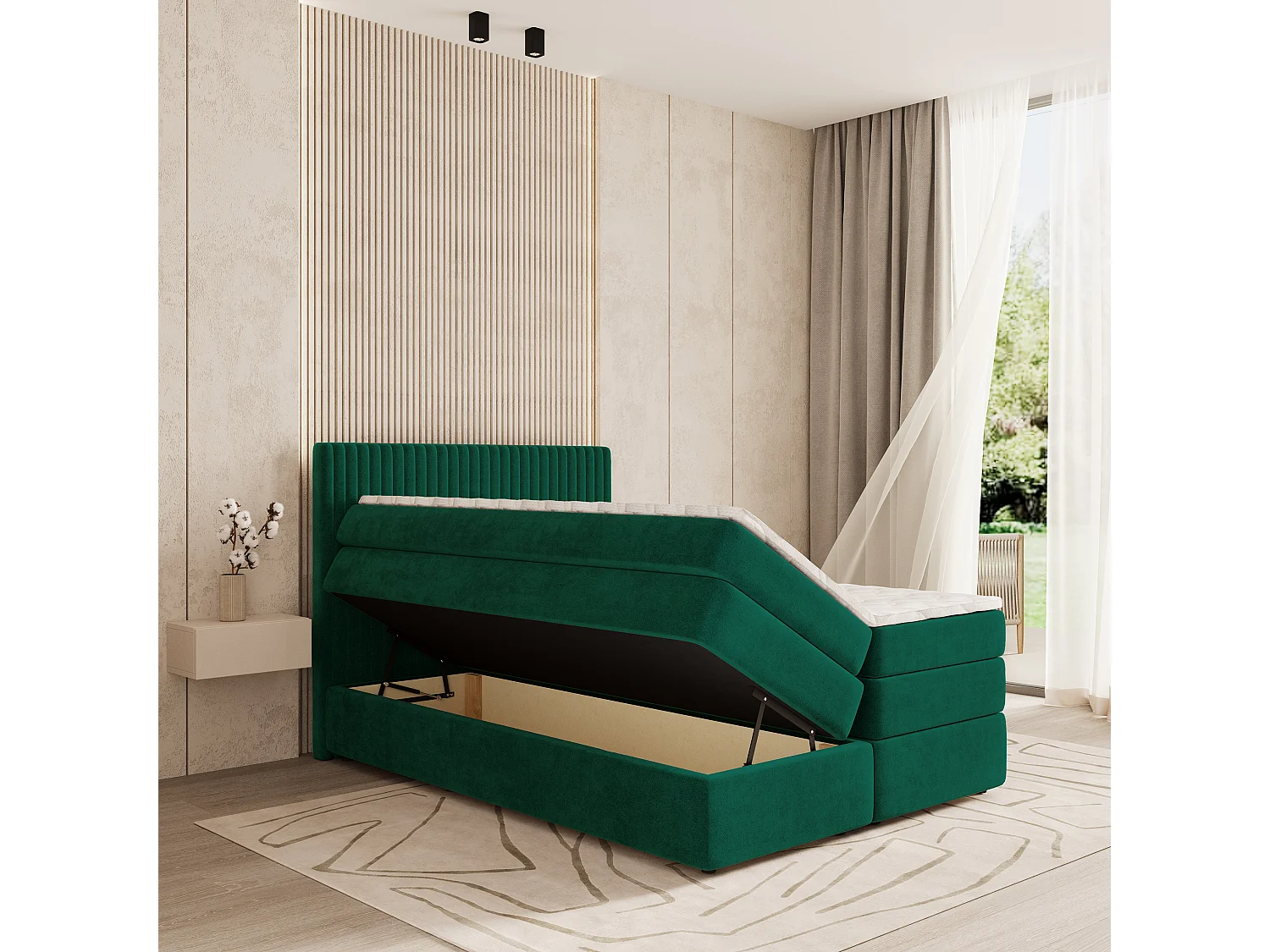 Boxspringbed FELBIO 160x200 cm Set met hoofdbord, bedbodem en matras, Dennengroen