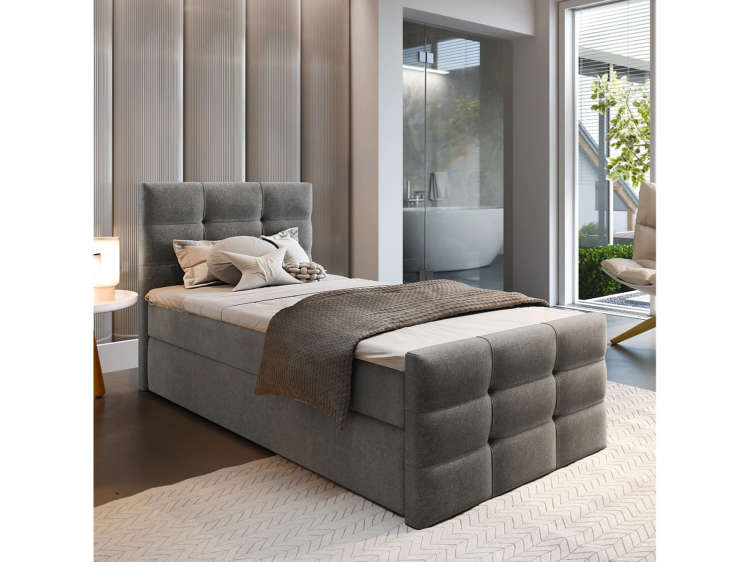 Lit continental AMON, 90x200 cm, Tissu tressé, Gris