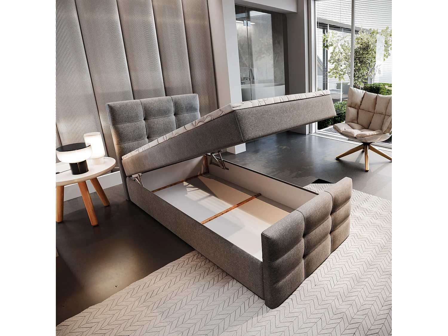 Lit continental AMON, 90x200 cm, Tissu tressé, Gris