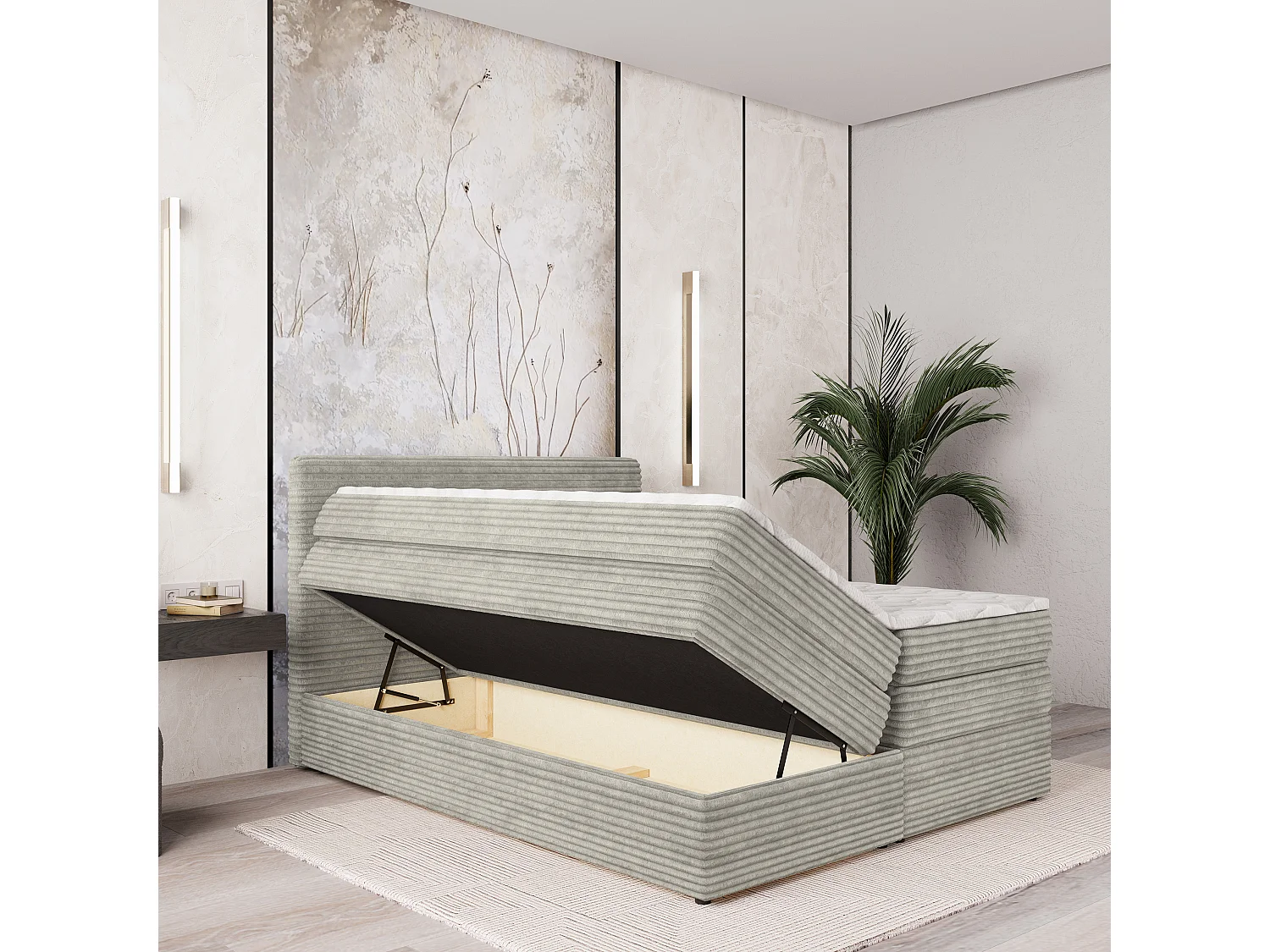 Boxspringbed LUNERA 160x200 cm Set met hoofdbord, bedbodem en matras, Lichtgrijs