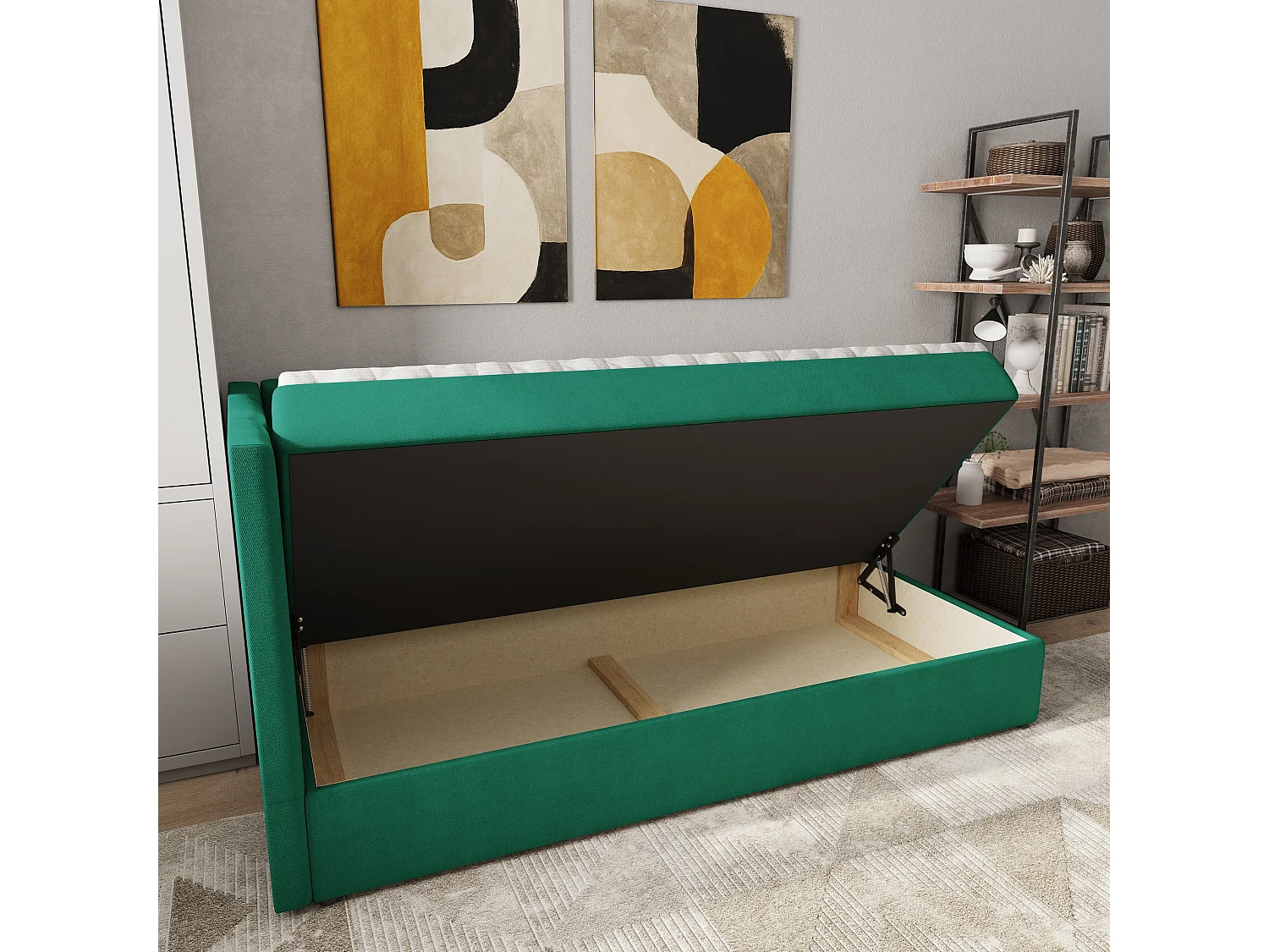 Boxspringbed BEVE 90x200 cm Set met hoofdbord, bedbodem en matras, Dennengroen