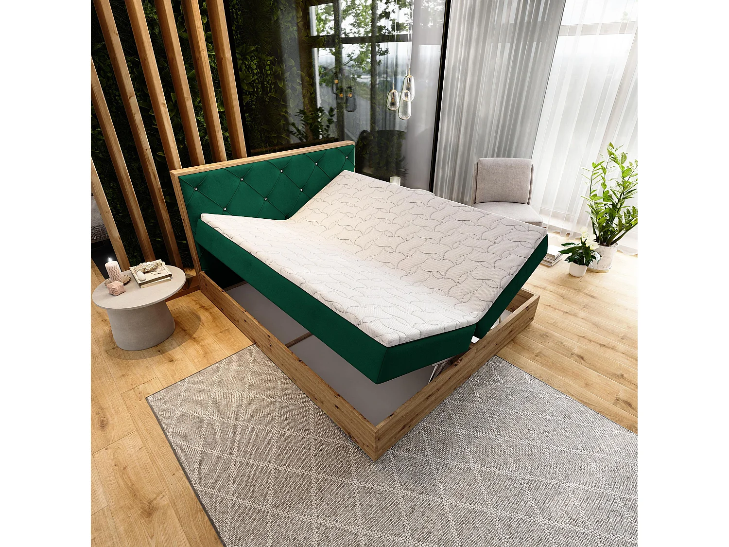 Boxspringbed FOSCO 140x200 cm Set met hoofdbord, bedbodem en matras, Dennengroen