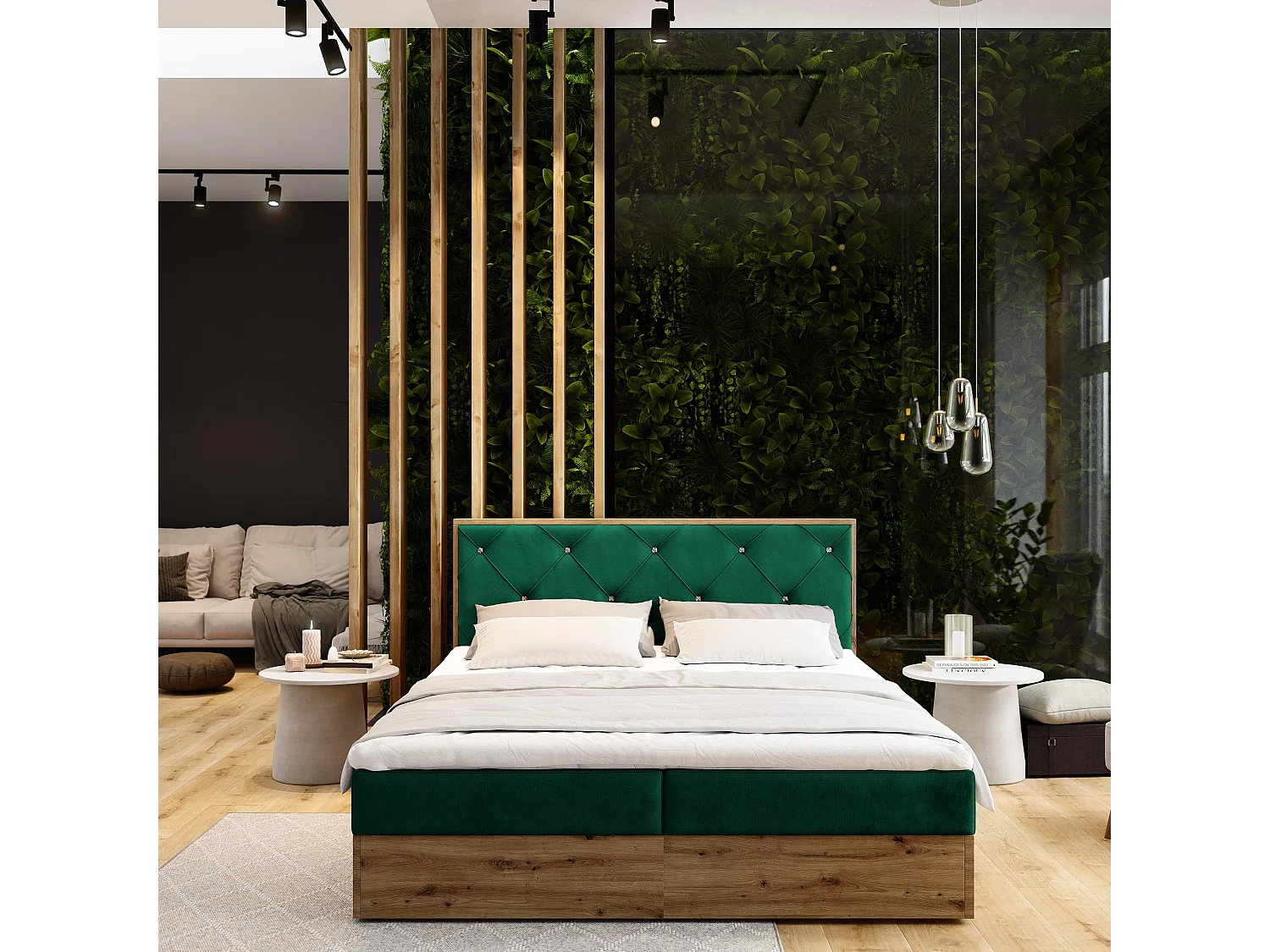 Boxspringbed FOSCO 140x200 cm Set met hoofdbord, bedbodem en matras, Dennengroen