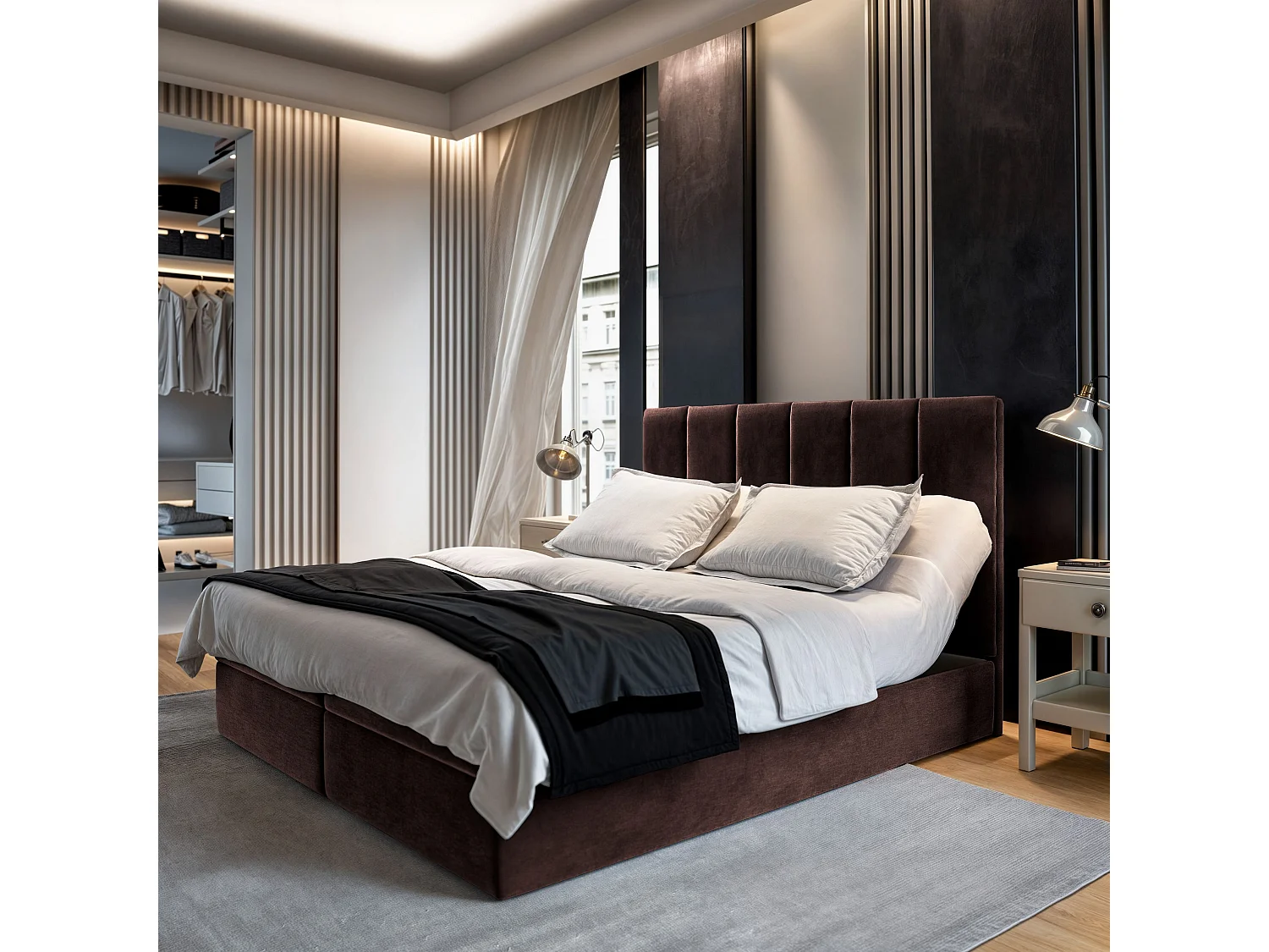 Lit continental BARINO, 140x200 cm, Tissu pelucheux, Marron