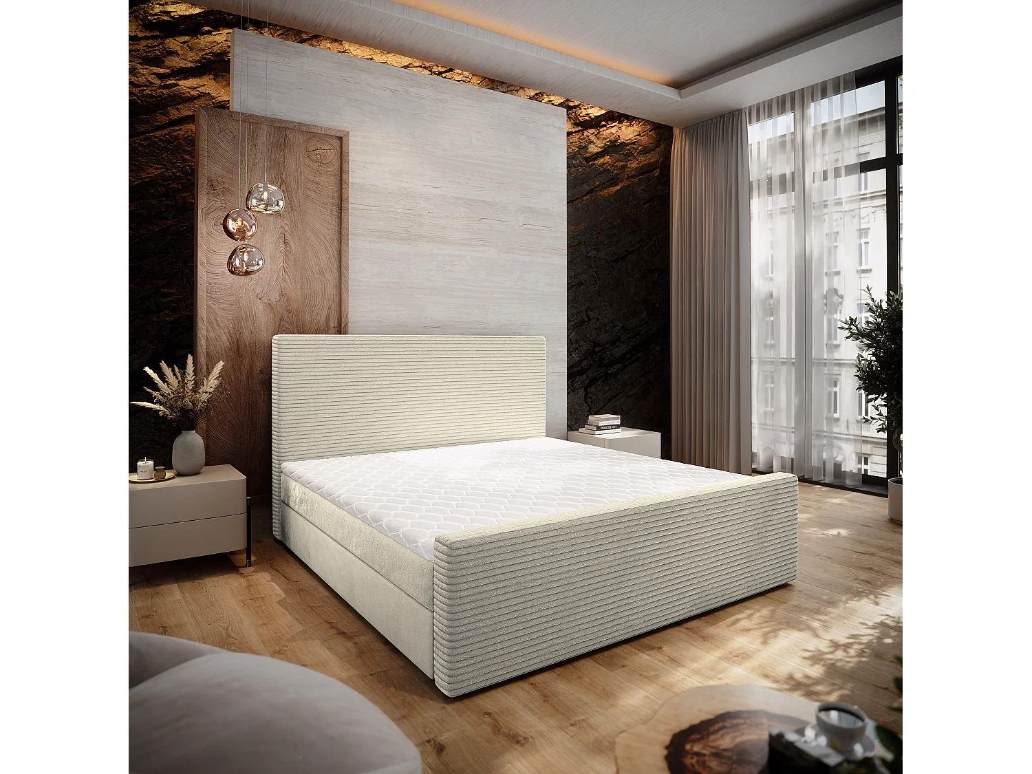 Lit continental ALORIA, 180x200 cm, Tissu pelucheux, Couleur crème